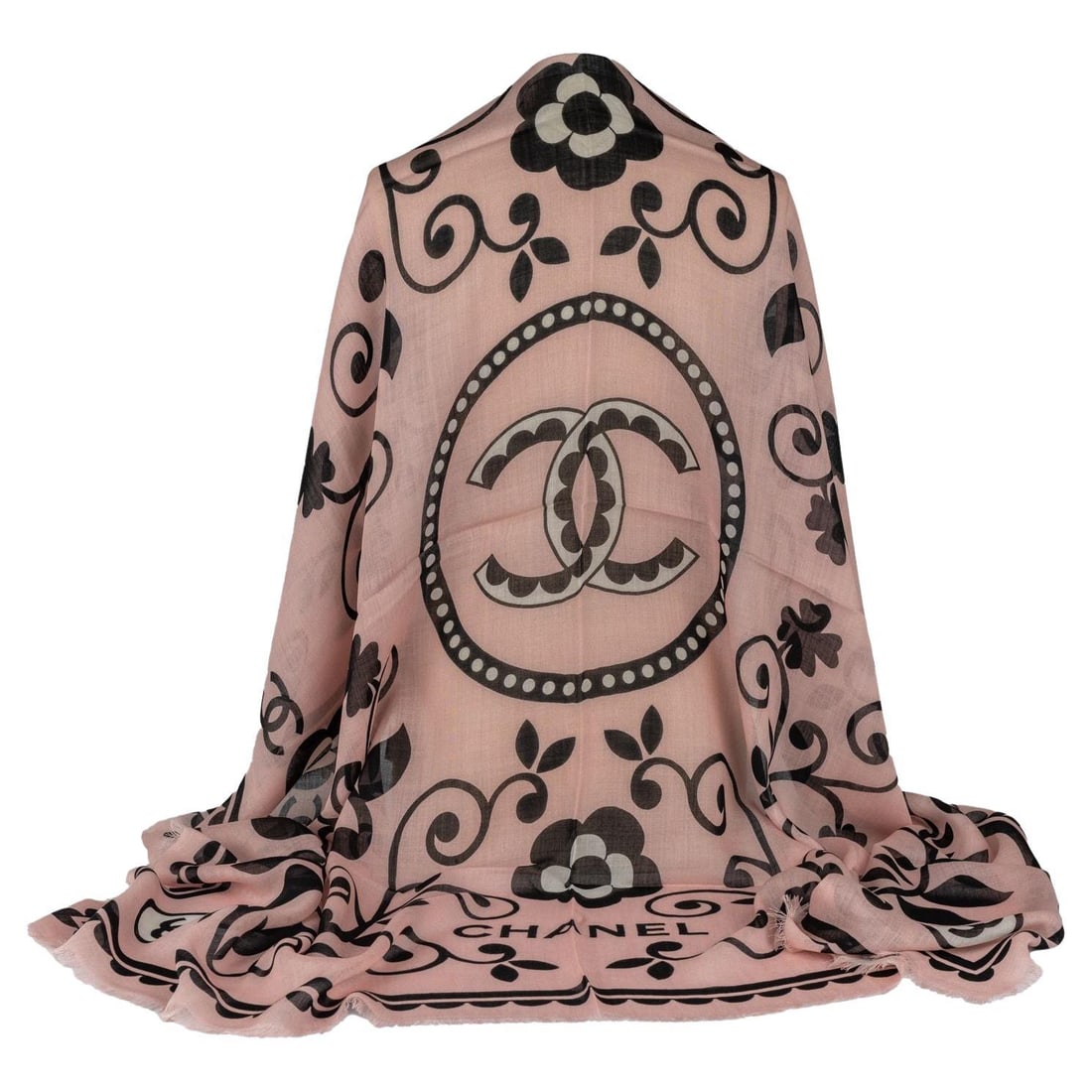 Chanel Cashmere Shawl Rose with CC Logo 54 in Italy: Chanel Cashmere Shawl Rose with CC Logo 54 in Italy Elevate your wardrobe with this exquisite Chanel Cashmere Shawl in a lovely rose hue. Crafted from luxurious cashmere, this shawl measures 54 in x 5