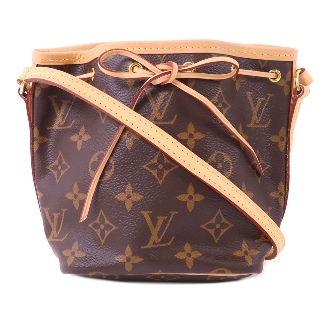 Louis Vuitton Nano Noe Monogram Brown Shoulder Bag with Gold Hardware: Louis Vuitton Nano Noe Monogram Brown Shoulder Bag with Gold Hardware This Louis Vuitton Nano Noe shoulder and crossbody bag features the classic Monogram brown PVC coated canvas exterior. Crafted in