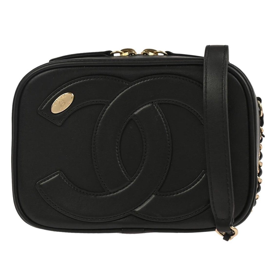 Black Leather Mini CC Mania Camera Crossbody from Chanel: Black Leather Mini CC Mania Camera Crossbody from Chanel This Chanel CC Mania Camera Bag is crafted from black lambskin leather and designed in a mini size. It features a zip closure and a crossbody s