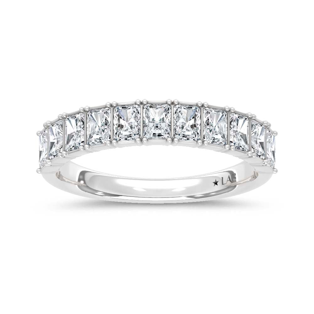 14K White Gold Lab Grown Diamond Radiant Cut Shape 1 1/2 Ct.Tw. Half Way Band: 14K White Gold Lab Grown Diamond Radiant Cut Shape 1 1/2 Ct.Tw. Half Way Band This luxurious 14K White Gold Band, adorned with 1 1/2 Ct.Tw. of Radiant Cut Lab Grown Diamonds, presents a sophisticated