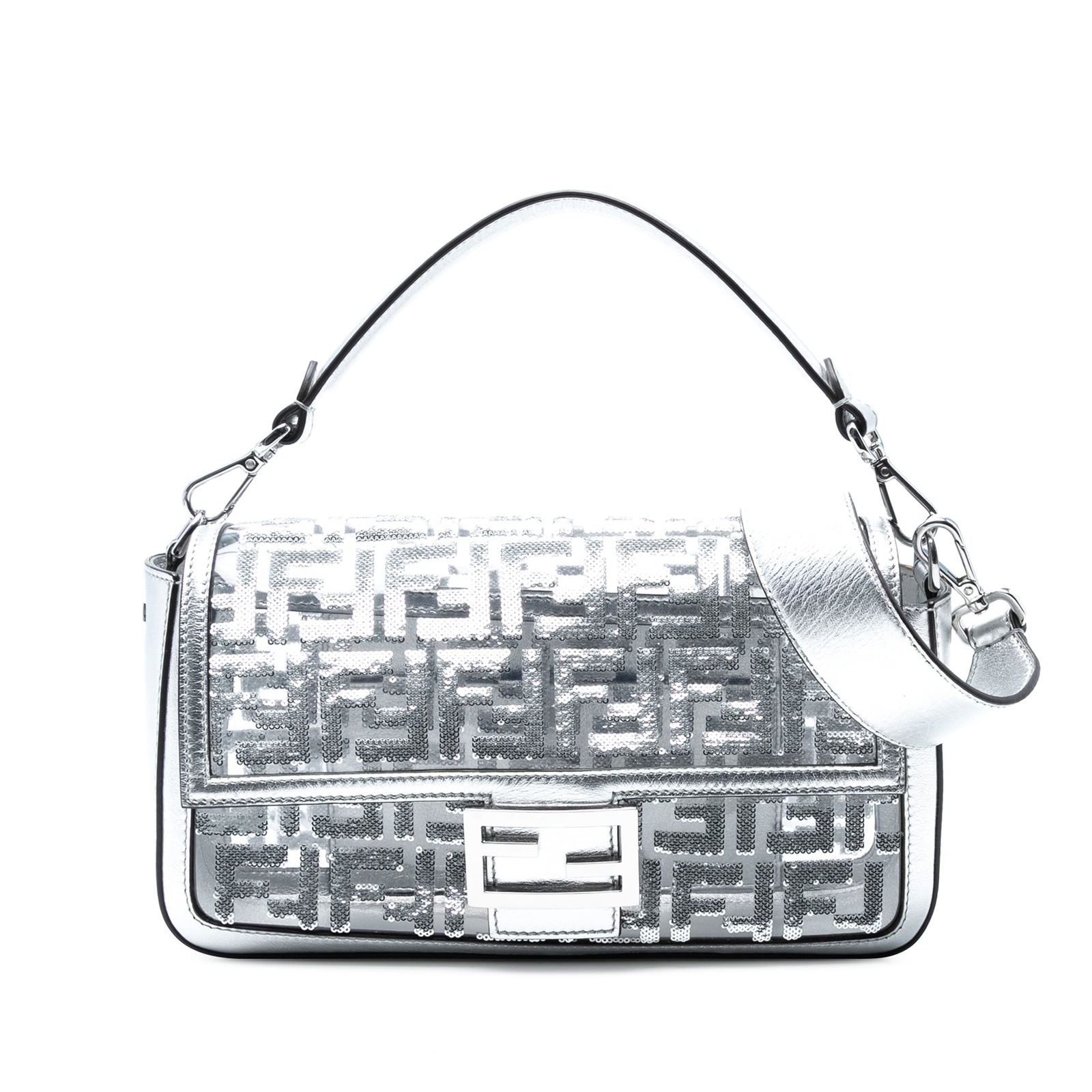 Fendi Nicki Minaj Medium Silver Sequin PVC FF 1974 Baguette Bag: Fendi Nicki Minaj Medium Silver Sequin PVC FF 1974 Baguette Bag This Fendi Nicki Minaj Medium Sequined PVC FF 1974 Baguette Satchel features a sequin-embellished PVC body with leather trim. It is desi