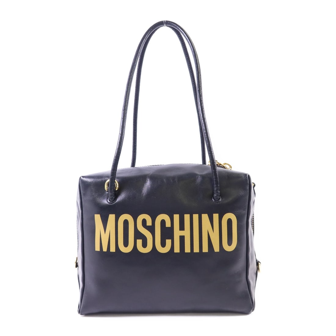 Moschino Black Leather Shoulder Bag with Gold Tone Hardware: Moschino Black Leather Shoulder Bag with Gold Tone Hardware This MOSCHINO shoulder bag features a classic black leather exterior with gold tone hardware. Crafted in Italy, it offers a stylish and prac