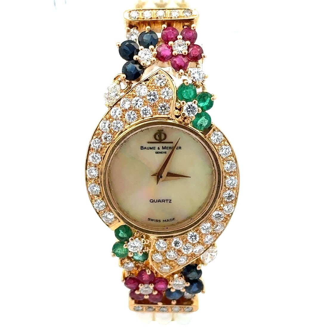 Baume & Mercier 18k Yellow Gold Diamond Gemstone Pearl Bracelet Watch: Baume & Mercier 18k Yellow Gold Diamond Gemstone Pearl Bracelet Watch This vintage Baume & Mercier wristwatch showcases a luxurious design featuring a multi-strand bracelet crafted from genuine cultur