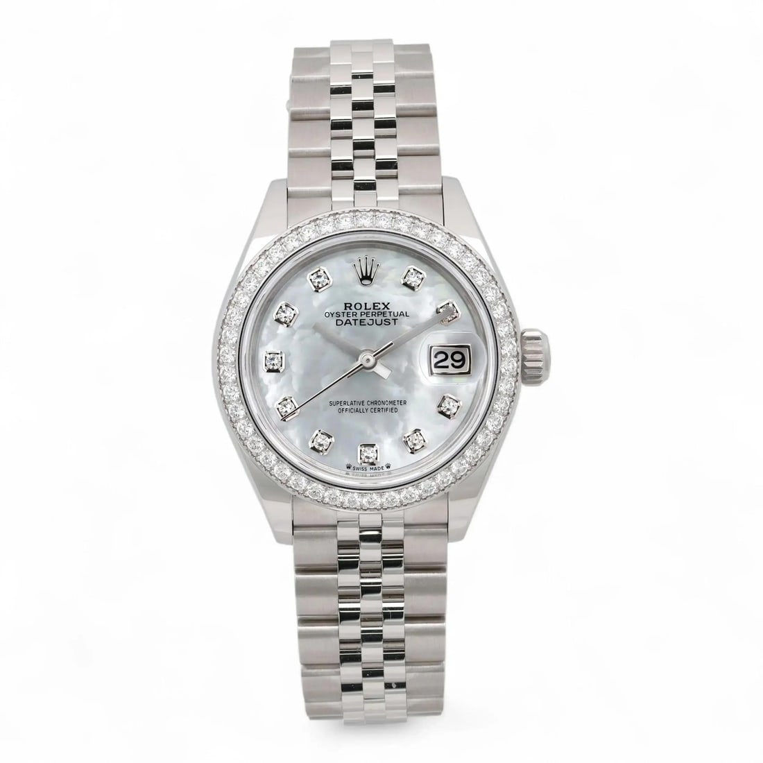Rolex Lady-Datejust 28mm Steel MOP Diamond Dial Watch 279384RBR: Rolex Lady-Datejust 28mm Steel MOP Diamond Dial Watch 279384RBR Discover the exquisite Rolex Lady-Datejust, a stunning wristwatch that combines luxury with functionality. This model, featuring a 28mm