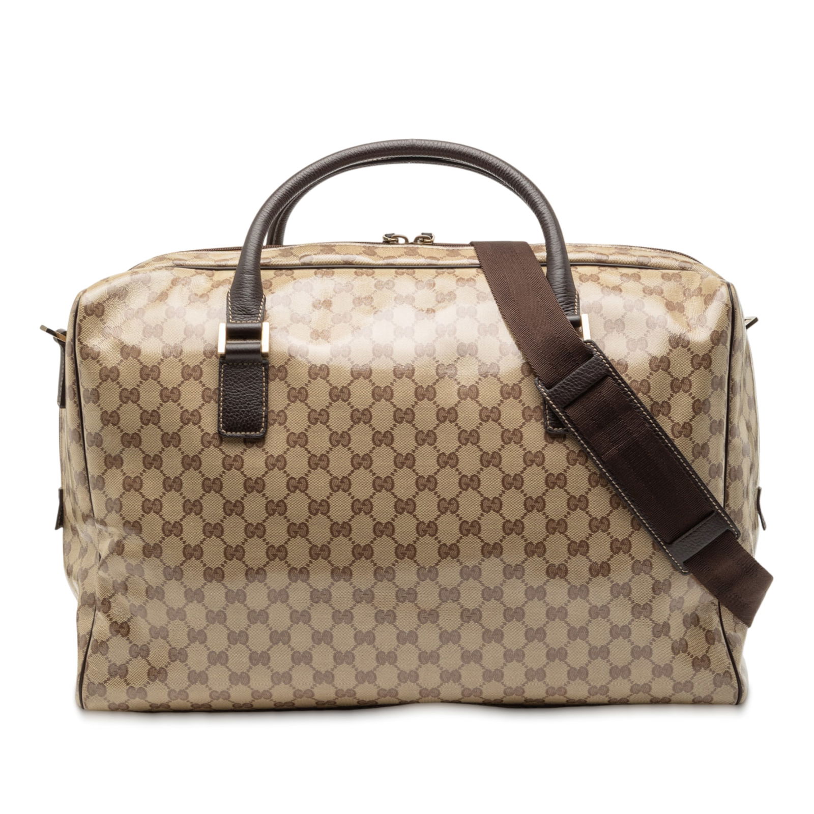 Brown GG Crystal Travel Duffle with Leather Trim by Gucci: Brown GG Crystal Travel Duffle with Leather Trim by Gucci This Gucci GG Crystal Duffle Bag is crafted from coated canvas with rolled leather handles and a detachable flat strap. It features a top zip