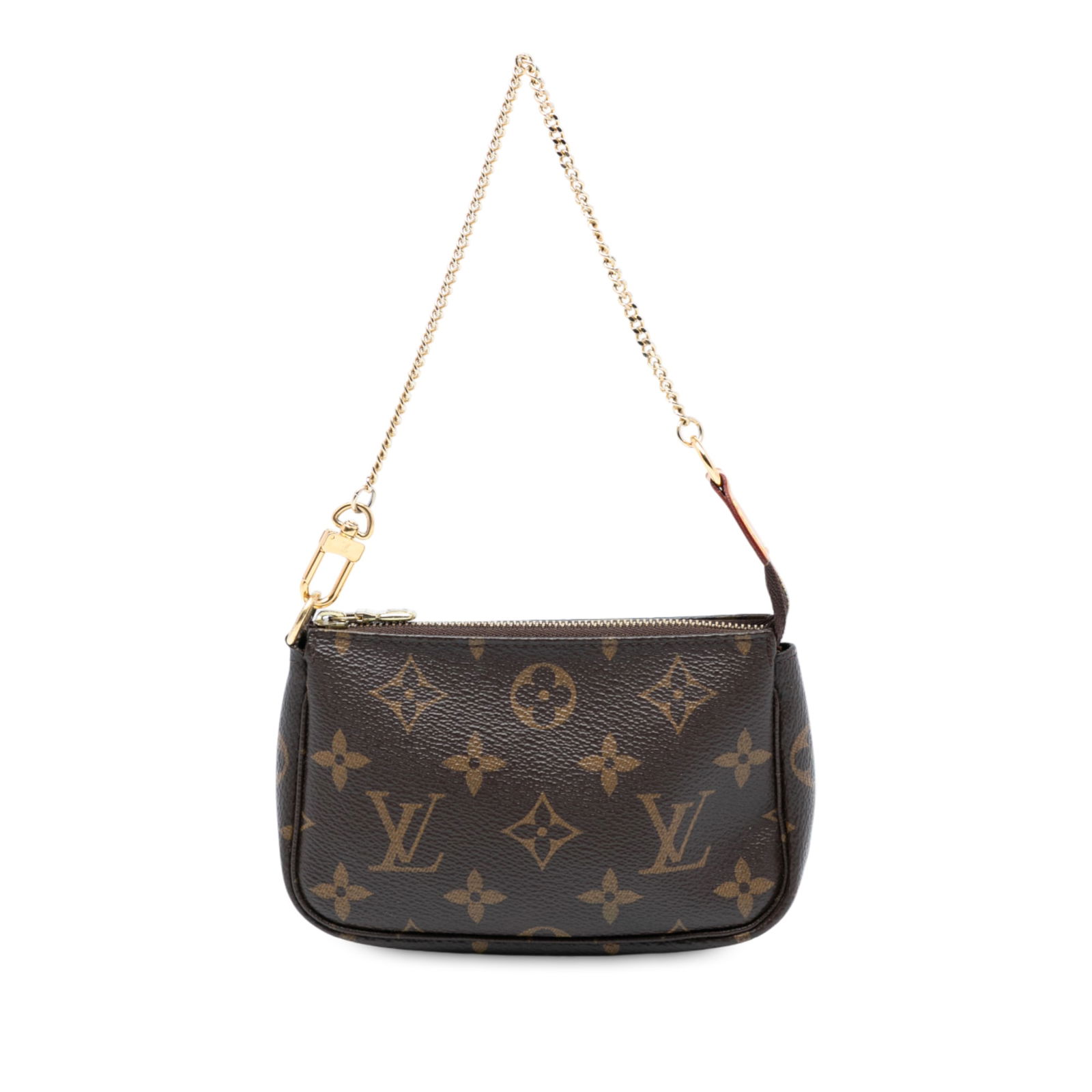 Mini Pochette Accessoires Bag in Louis Vuitton Monogram Canvas with Chain Strap: Mini Pochette Accessoires Bag in Louis Vuitton Monogram Canvas with Chain Strap This Louis Vuitton Mini Pochette Accessoires features the iconic monogram canvas and a gold-tone chain strap, secured wi