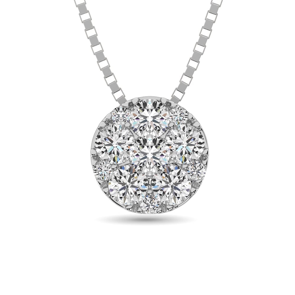 14K White Gold 1/2 Ct.Tw. Diamond Flower Pendant: 14K White Gold 1/2 Ct.Tw. Diamond Flower Pendant This beautiful circular shape pedant cover with 11 round cut diamonds of 1/2 Ct.Tw. in invisible and micro prong setting, which gives Big solitaire LOO