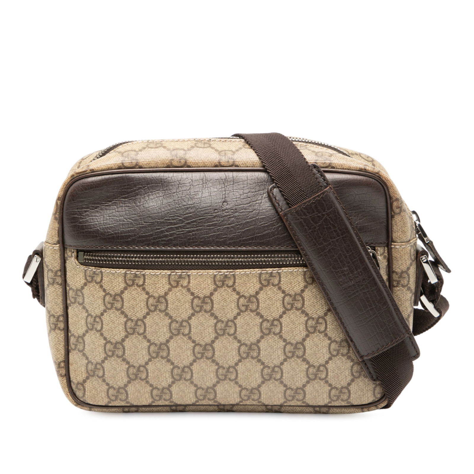 Brown GG Supreme Coated Canvas Crossbody Bag by Gucci: Brown GG Supreme Coated Canvas Crossbody Bag by Gucci This Gucci GG Supreme Crossbody bag features a coated canvas body with leather trim, an exterior front zip pocket, an adjustable flat strap, a top