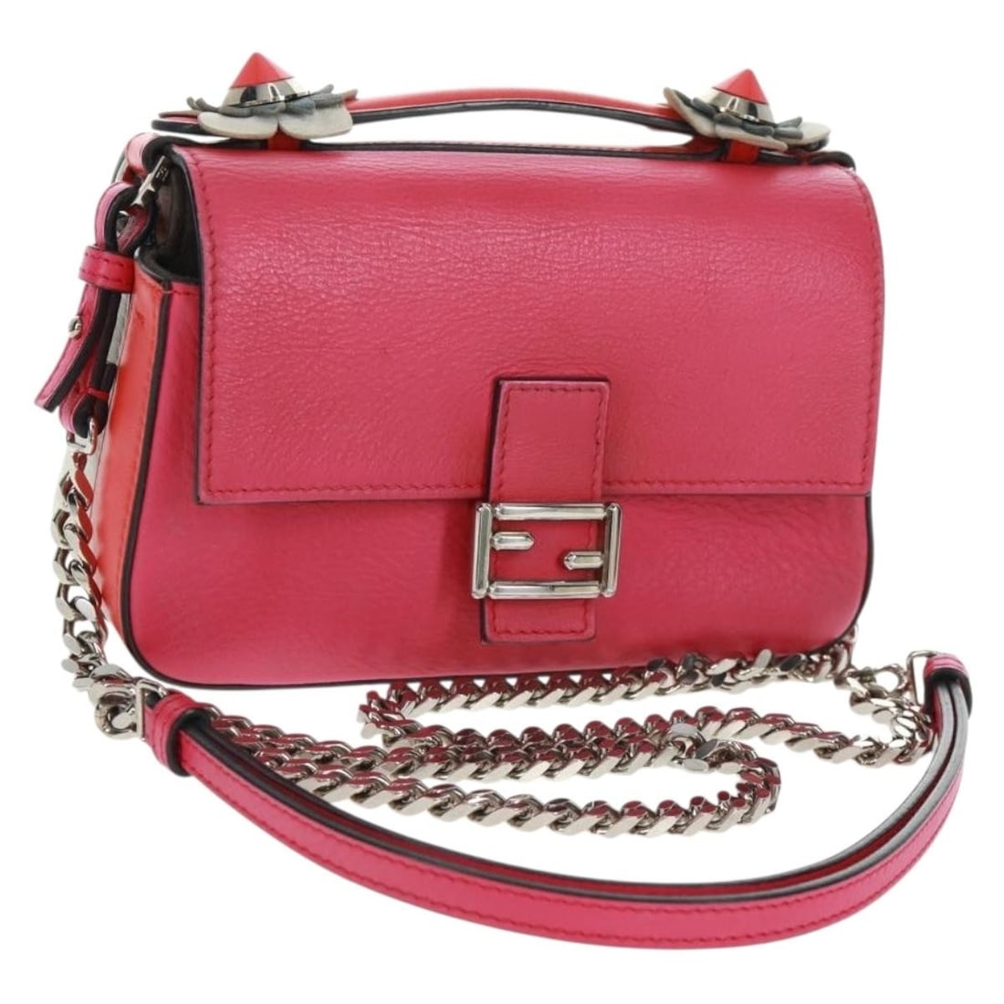 Fendi Double Micro Baguette Pink Silver Leather Chain Shoulder Bag: Fendi Double Micro Baguette Pink Silver Leather Chain Shoulder Bag This FENDI Double Micro Baguette shoulder bag features a stylish chain design and is crafted from pink and silver leather. The compac