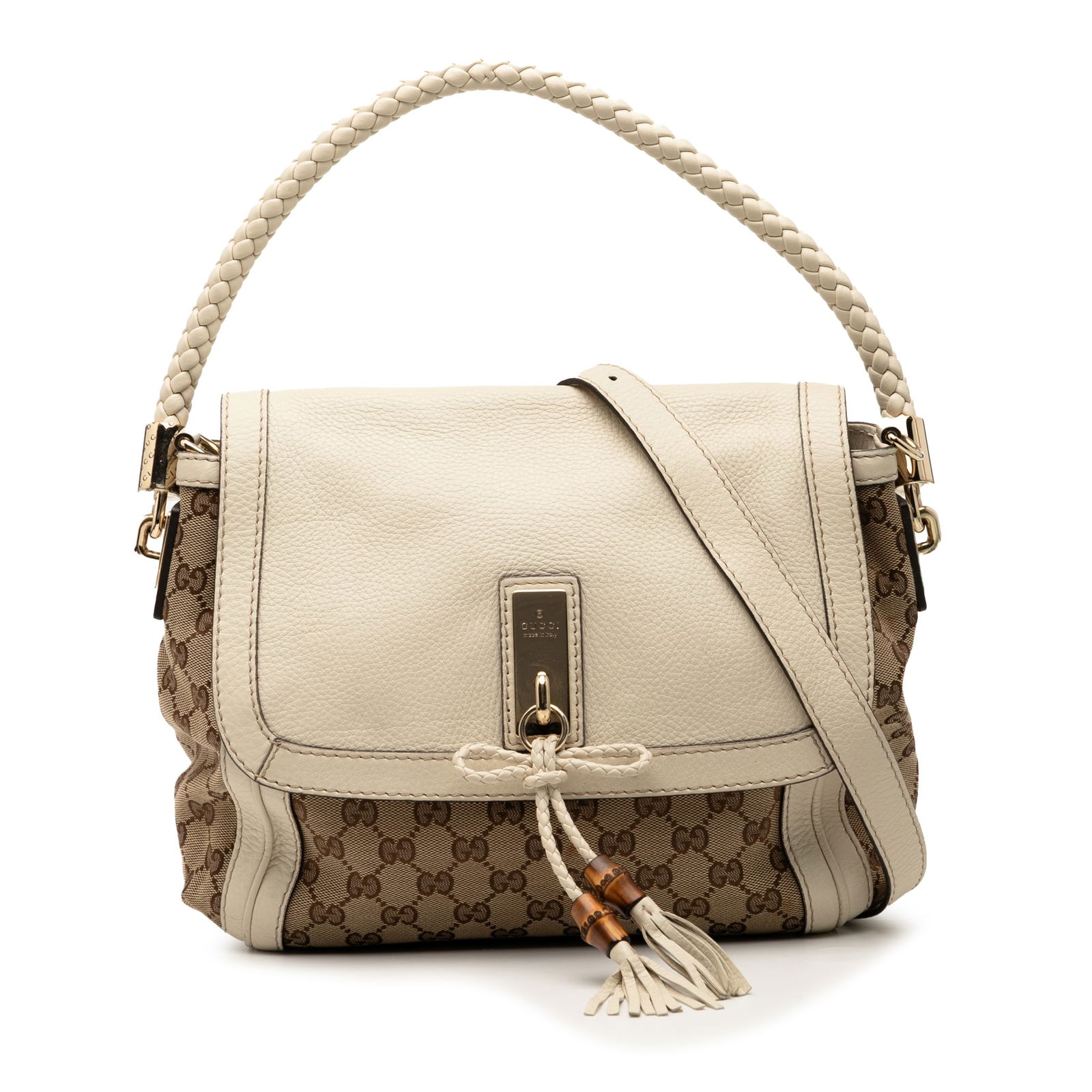 Gucci GG Canvas Bella Flap Satchel with Leather Trim: Gucci GG Canvas Bella Flap Satchel with Leather Trim The Gucci GG Canvas Bella Flap Satchel is an elegant accessory crafted from durable canvas with luxurious leather trim. This stylish bag features a