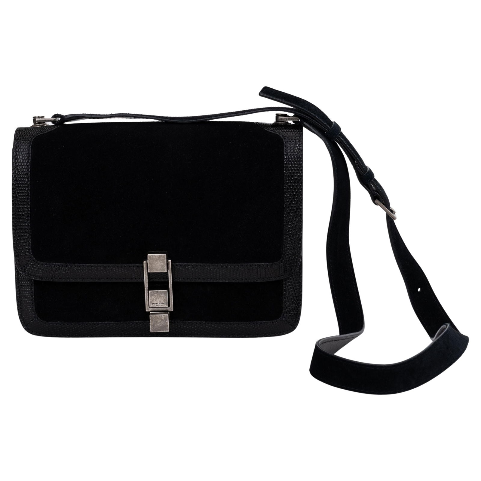 Yves Saint Laurent Black Suede Cross Body Bag with Lizard Trim: Yves Saint Laurent Black Suede Cross Body Bag with Lizard Trim Introducing a stunning black suede cross body bag from Yves Saint Laurent, a perfect blend of elegance and practicality. This bag feature
