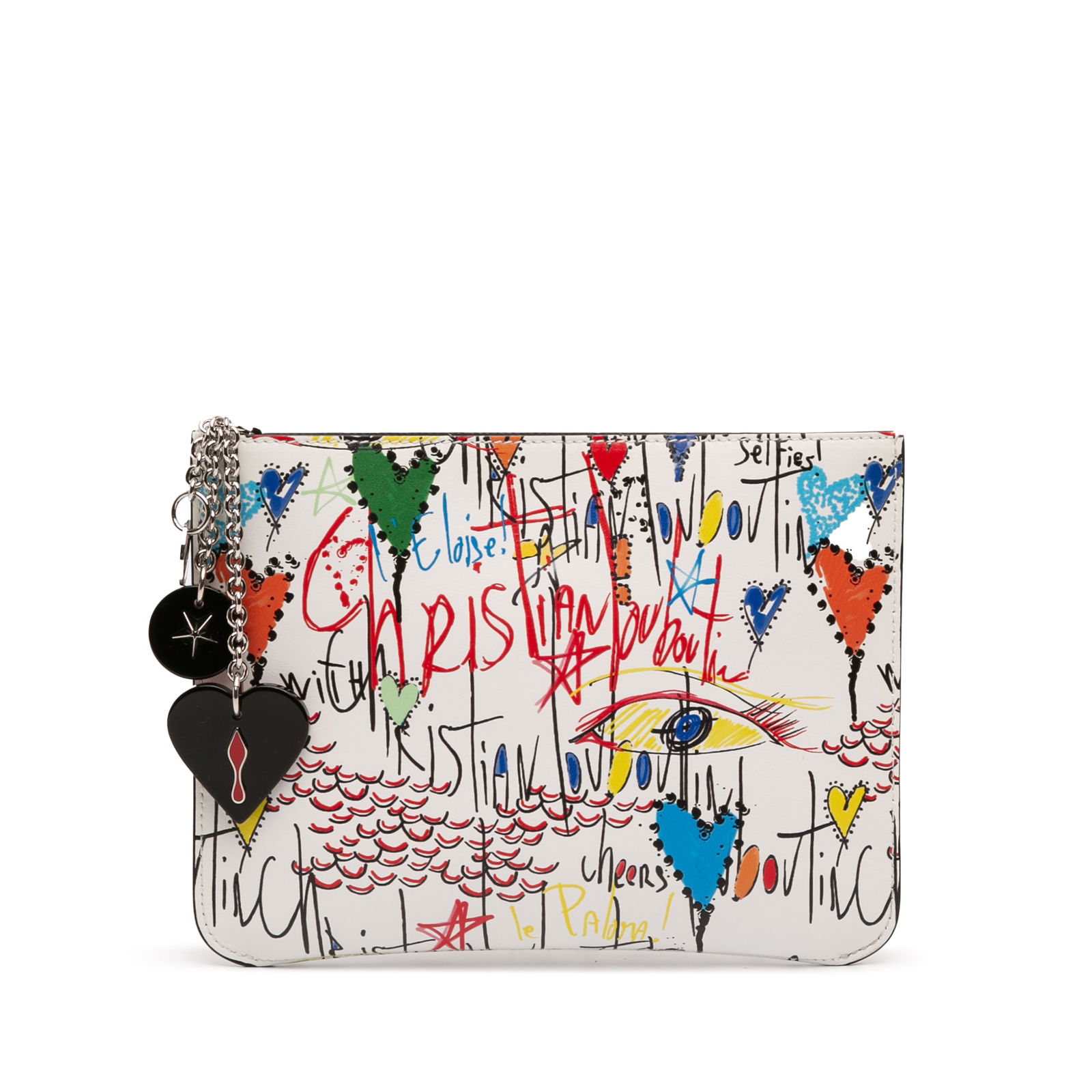 Graffiti Print Leather Loubitag Clutch Bag by Christian Louboutin: Graffiti Print Leather Loubitag Clutch Bag by Christian Louboutin This Christian Louboutin Loubitag clutch showcases a striking graffiti print on white leather. It features a top zip closure and an in