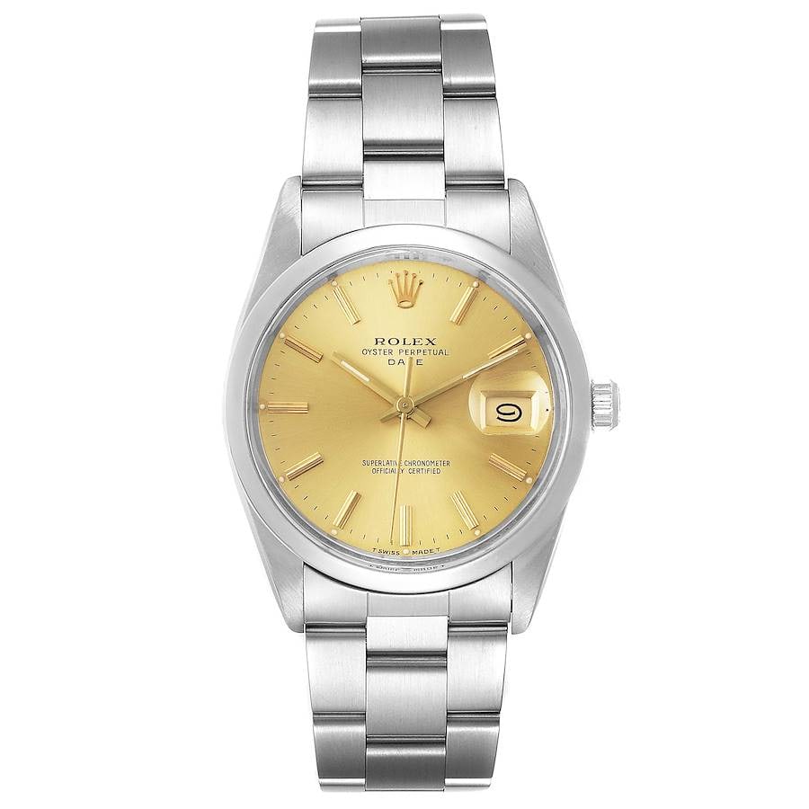 Champagne Dial Rolex 15000 Oyster Perpetual Date Watch with Papers 1988: Champagne Dial Rolex 15000 Oyster Perpetual Date Watch with Papers 1988 This Rolex Oyster Perpetual Date watch features a champagne dial and a smooth bezel, presented on an Oyster bracelet. The model