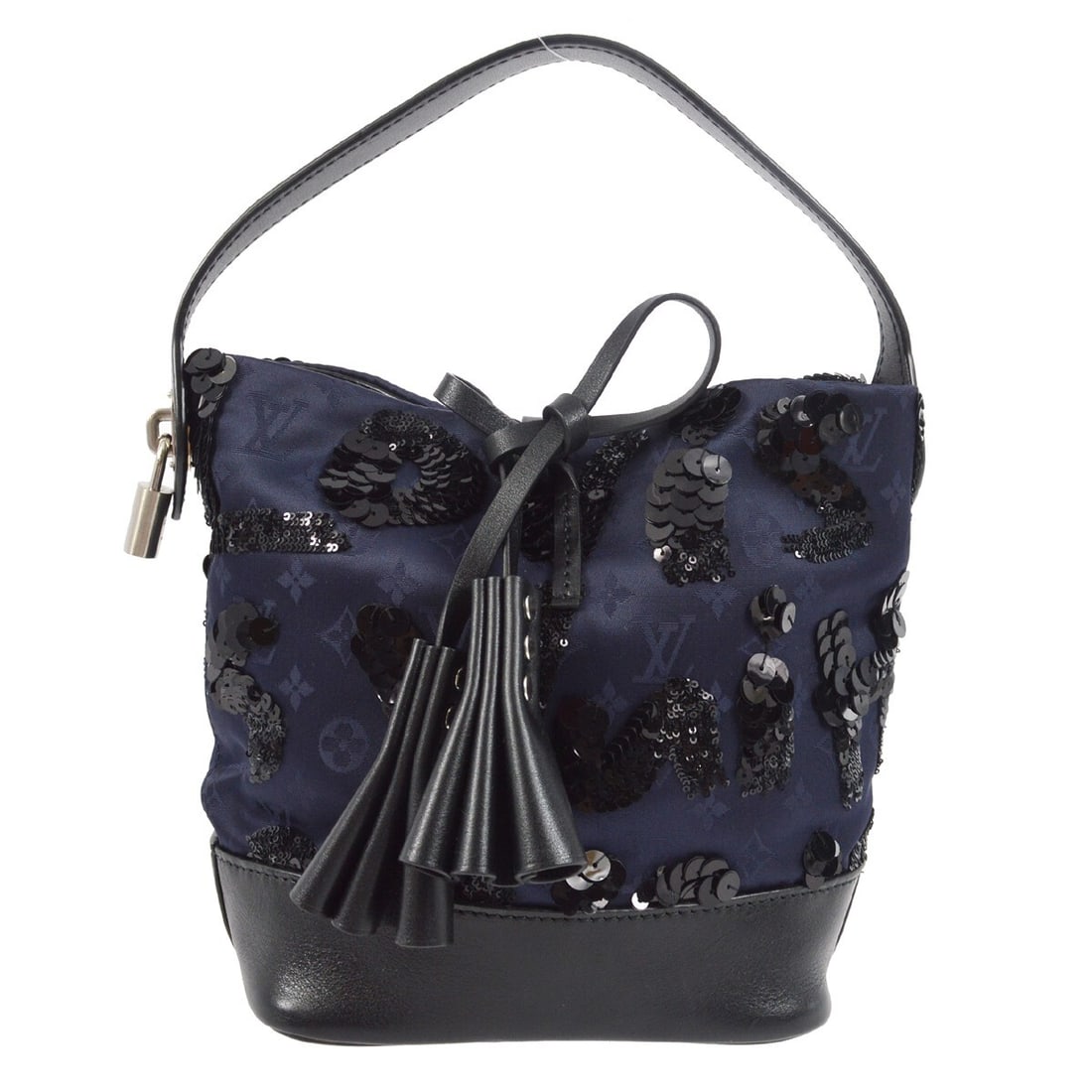 Louis Vuitton NN14 Spotlight PM Navy Satin Mini Bucket Bag M94601: Louis Vuitton NN14 Spotlight PM Navy Satin Mini Bucket Bag M94601 This Louis Vuitton Navy Monogram Satin NN14 Spotlight PM Handbag is a stylish mini bag crafted from luxurious sequins monogram satin l