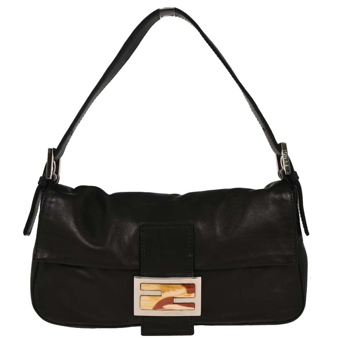 Fendi Black Leather Baguette Handbag 2381-26424-009 with Silver Hardware: Fendi Black Leather Baguette Handbag 2381-26424-009 with Silver Hardware Introducing the Fendi Black Leather Baguette Handbag, a perfect blend of style and functionality. This medium-sized handbag fea