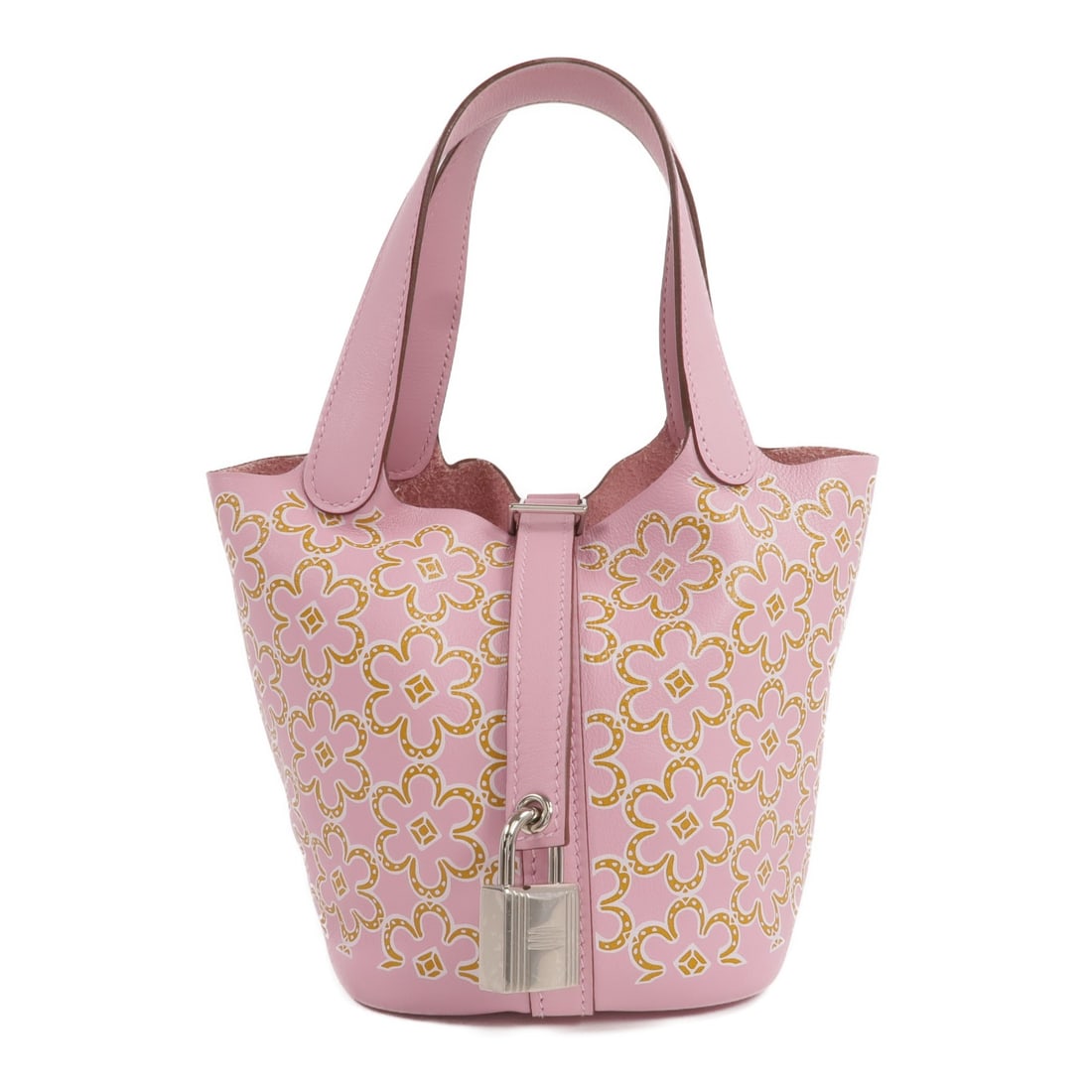 Hermes Picotin Micro Lucky Daisy Mauve Swift Leather Handbag with Palladium Hardware: Hermes Picotin Micro Lucky Daisy Mauve Swift Leather Handbag with Palladium Hardware This Hermes Picotin Micro Lucky Daisy handbag features mauve pink Swift leather with palladium hardware. The bag is
