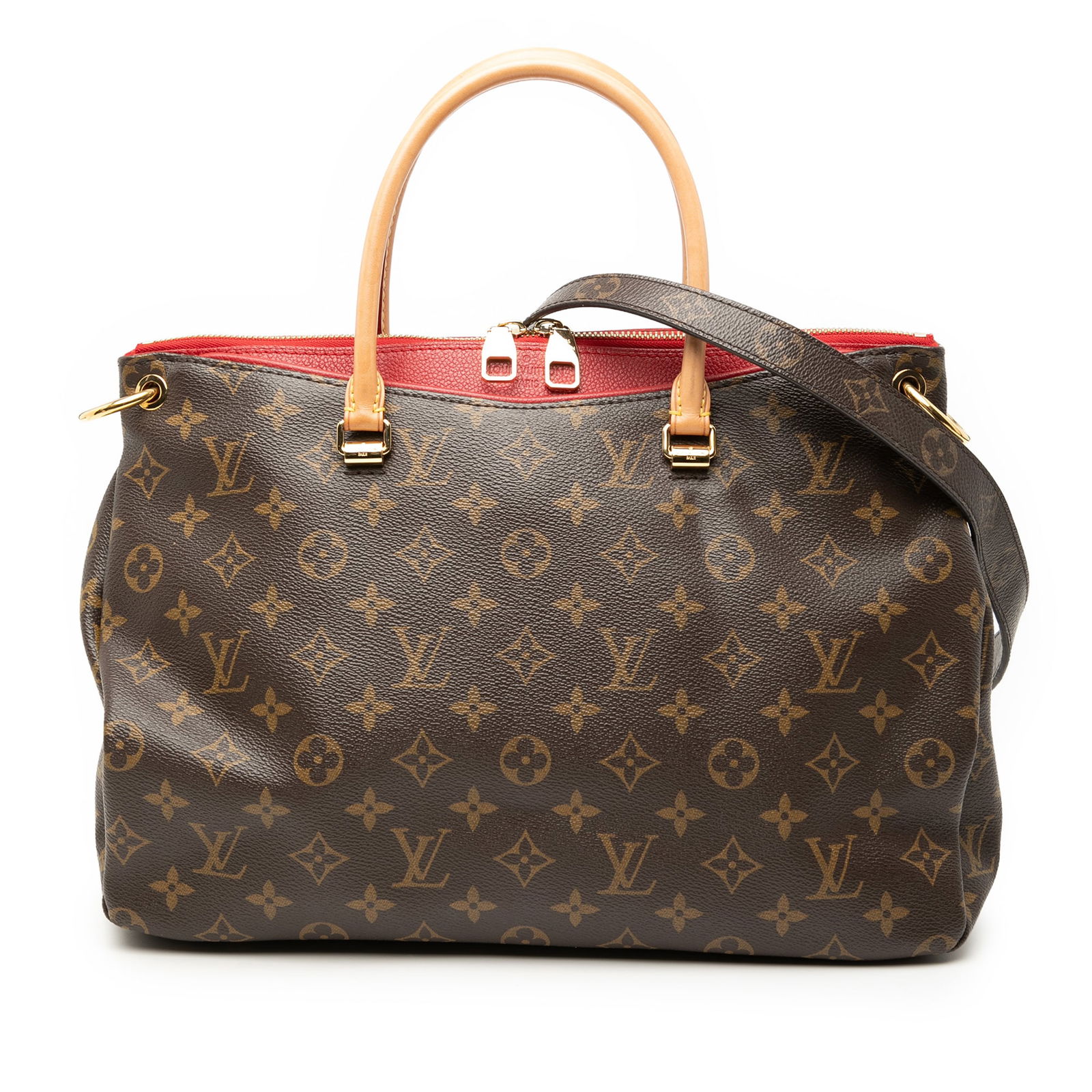 Louis Vuitton Pallas MM Monogram Canvas Satchel Bag with Leather Handles: Louis Vuitton Pallas MM Monogram Canvas Satchel Bag with Leather Handles The Louis Vuitton Monogram Pallas MM is a satchel crafted from monogram canvas with rolled vachetta leather handles and a detac