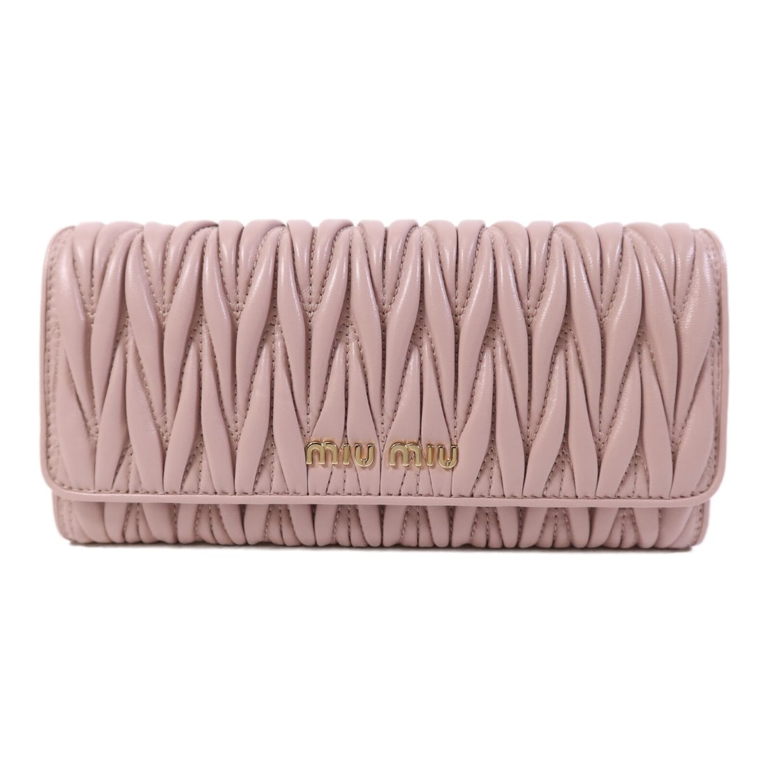 Pink Lambskin Bifold Wallet by Miu Miu with Gold Hardware: Pink Lambskin Bifold Wallet by Miu Miu with Gold Hardware This Miu Miu bifold wallet is crafted from soft lambskin leather in a pink color. Made in Italy, it features a practical design and a gold-ton