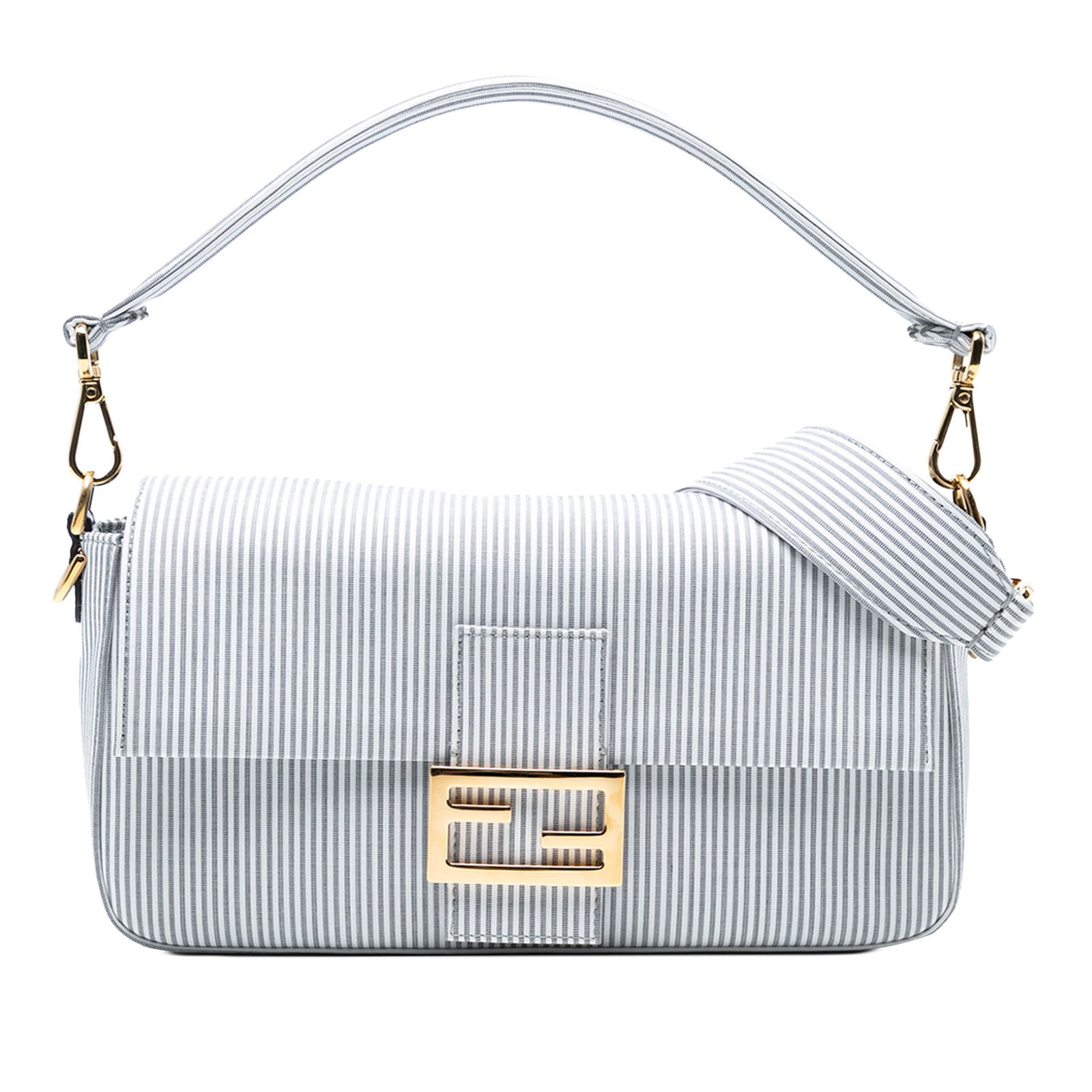 Fendi Striped Jersey Baguette Satchel Fabric Bag Italy: Fendi Striped Jersey Baguette Satchel Fabric Bag Italy This Fendi Striped Jersey Baguette Satchel is a stylish and functional accessory crafted from durable cotton fabric. It features a detachable fla