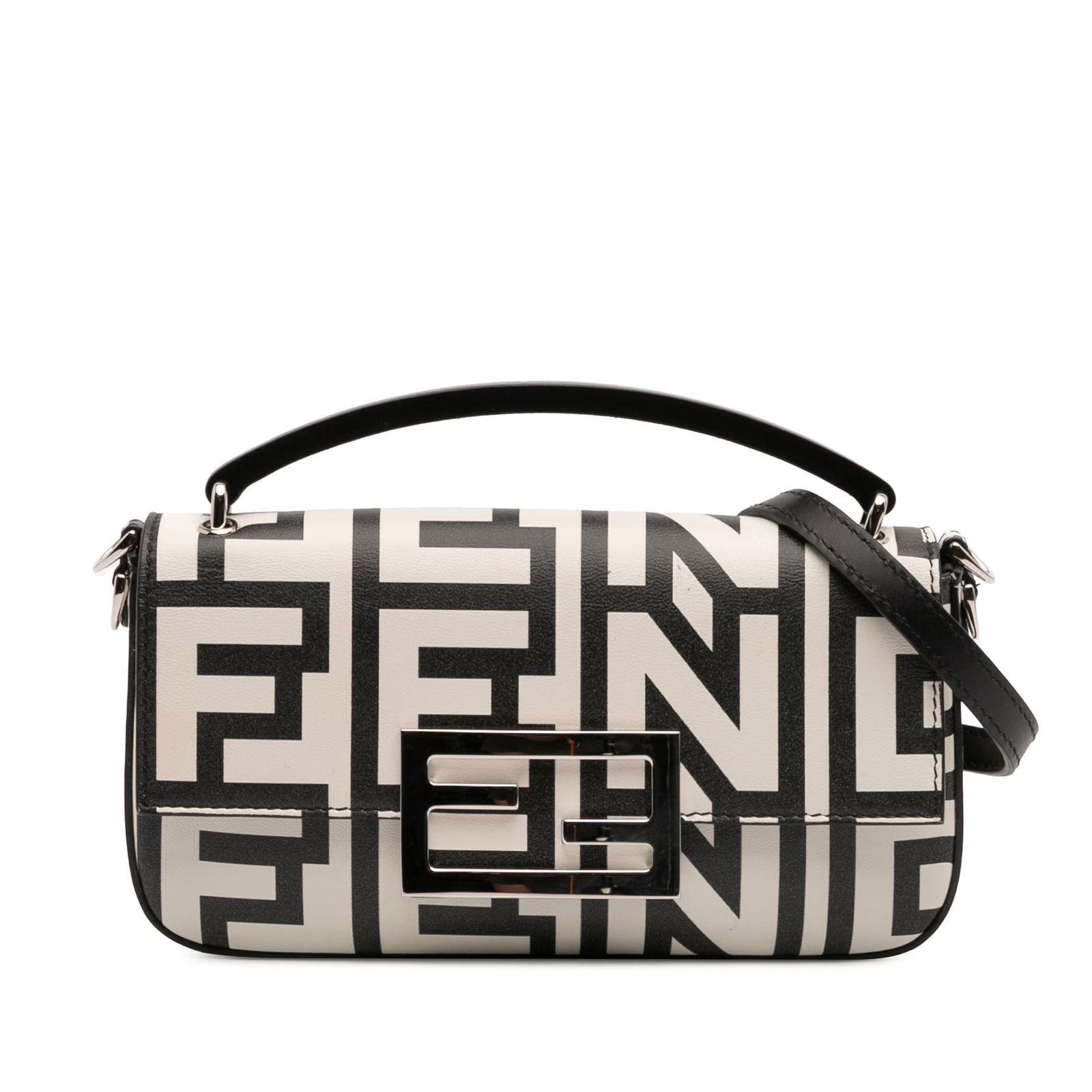 Fendi Marc Jacobs Nappa Vitello King Logo Baguette Satchel: Fendi Marc Jacobs Nappa Vitello King Logo Baguette Satchel Introducing the Fendi Marc Jacobs Nappa Vitello King Logo Print Baguette Phone Pouch Satchel, a chic accessory crafted from high-quality prin