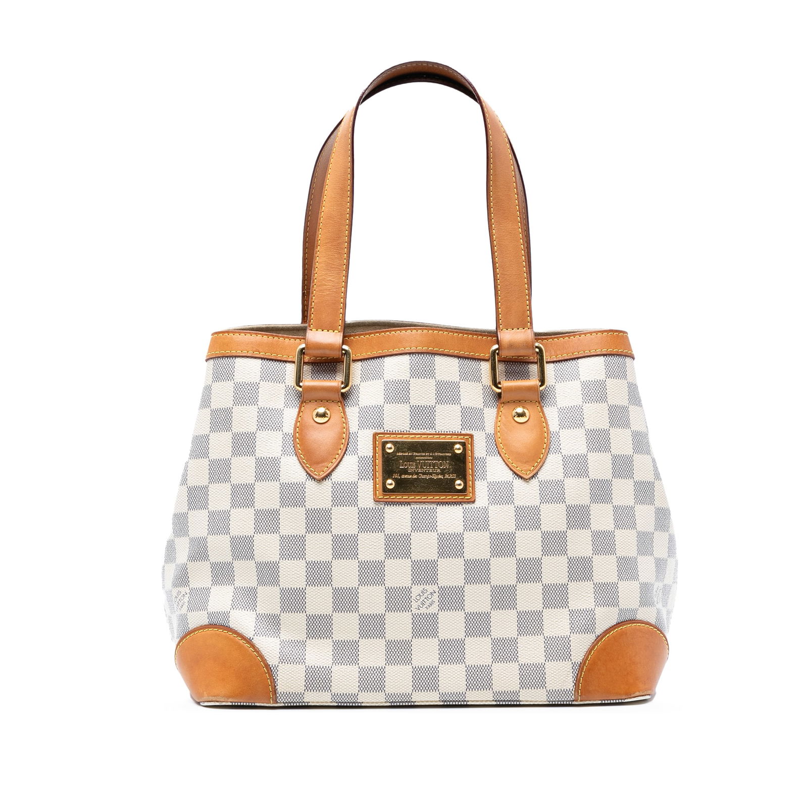 Louis Vuitton Damier Azur Hampstead PM Bag with Vachetta Trim: Louis Vuitton Damier Azur Hampstead PM Bag with Vachetta Trim The Louis Vuitton Damier Azur Hampstead PM is a stylish handbag crafted from durable damier azur canvas, complemented by vachetta leather
