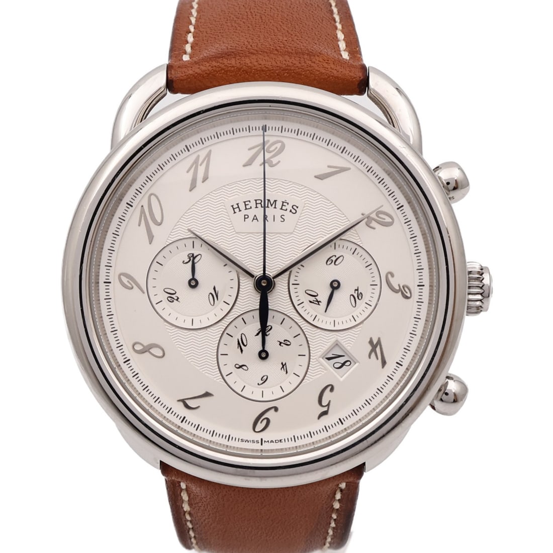 Hermes Arceau AR4.910a Stainless Steel Automatic Chronograph Wristwatch White Dial: Hermes Arceau AR4.910a Stainless Steel Automatic Chronograph Wristwatch White Dial This Hermes Arceau Chronograph AR4.910a wristwatch features an automatic movement and is crafted from stainless steel