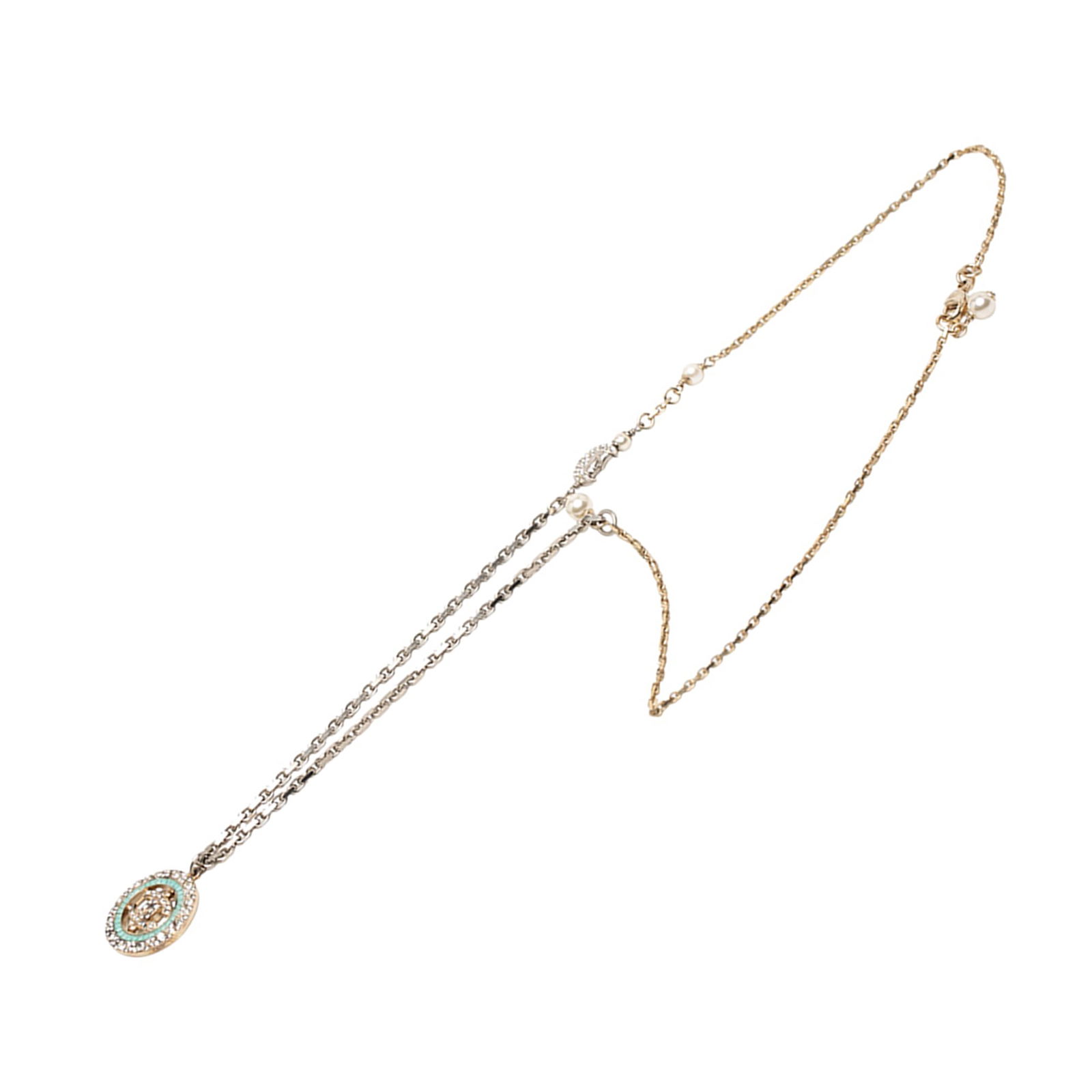 Chanel CC Necklace with Faux Pearl and Rhinestone Pendant Silver and Gold Tone: Chanel CC Necklace with Faux Pearl and Rhinestone Pendant Silver and Gold Tone This Chanel pendant necklace features a mix of silver and gold tone metal, adorned with faux pearl charms and a rhineston