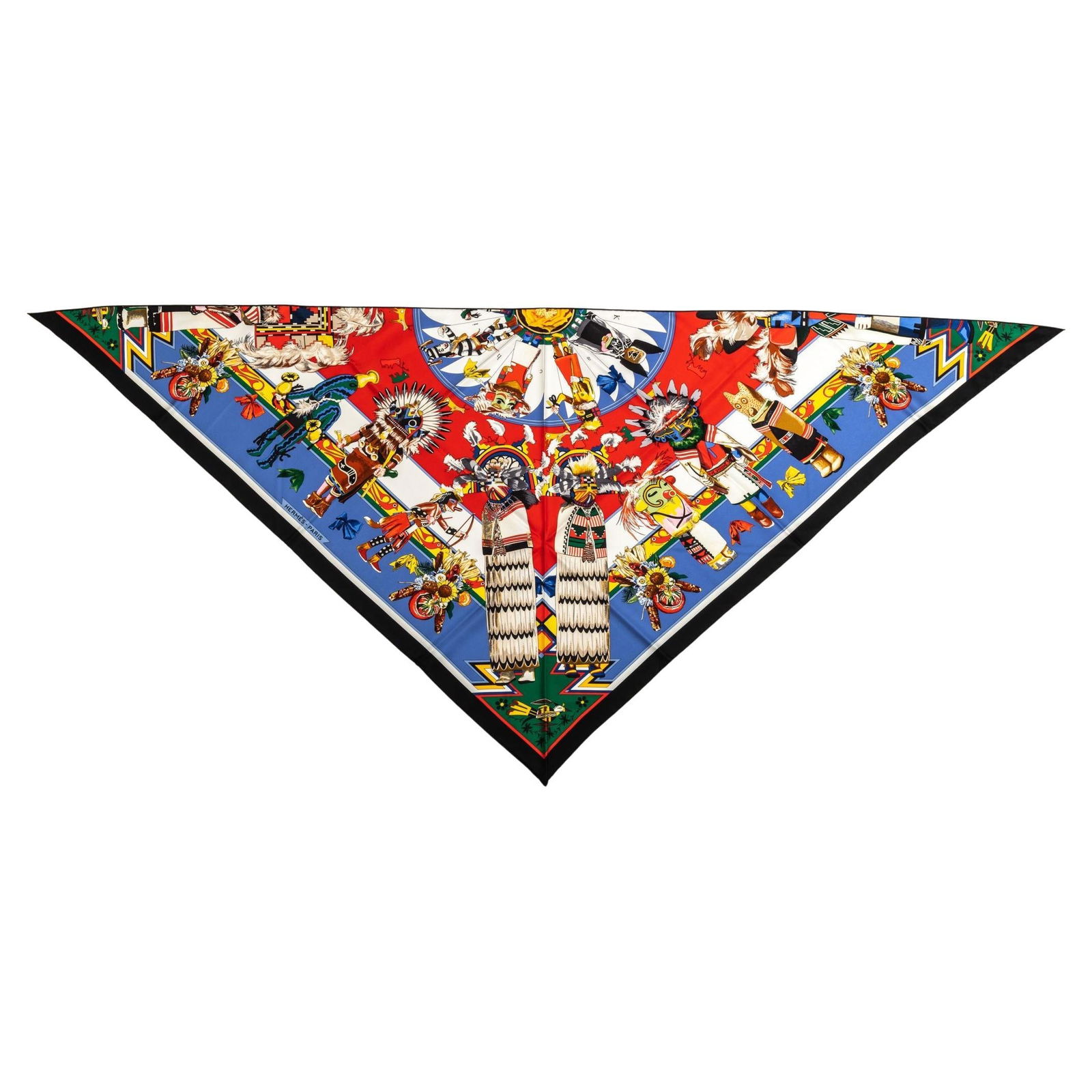 Hermes Blue Pointe Kachinas Silk Scarf New with Box: Hermes Blue Pointe Kachinas Silk Scarf New with Box This exquisite Hermes Blue Pointe Kachinas Scarf features a vibrant red and blue design crafted from luxurious silk. Measuring 54 in x 84 in