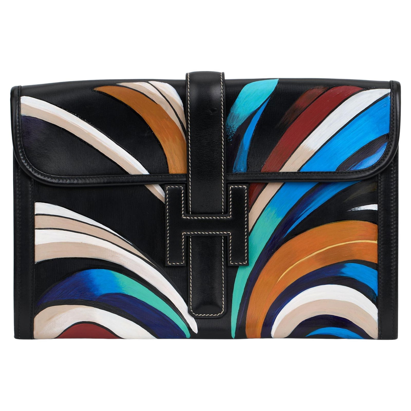 Hermes Hand Painted Jige Elan Clutch with Certification: Hermes Hand Painted Jige Elan Clutch with Certification The Hermes Hand Painted Jige Elan Clutch is a stunning accessory crafted from black box calf leather, featuring a unique art deco hand-painted d