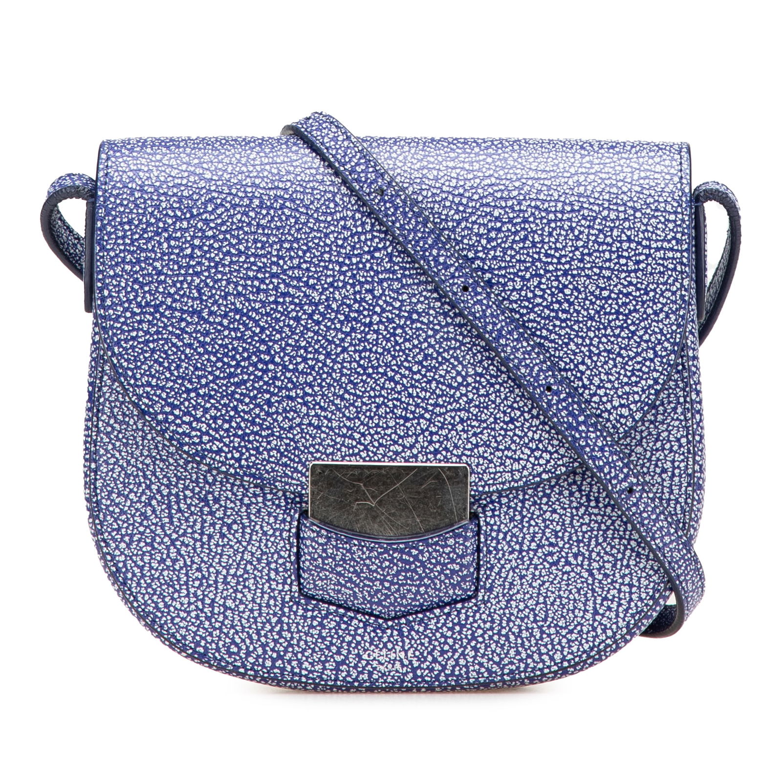 Celine Blue Goatskin Small Trotteur Crossbody Bag: Celine Blue Goatskin Small Trotteur Crossbody Bag The Celine Small Goatskin Trotteur Crossbody is an elegant accessory crafted from goatskin leather. It features an adjustable flat leather shoulder st