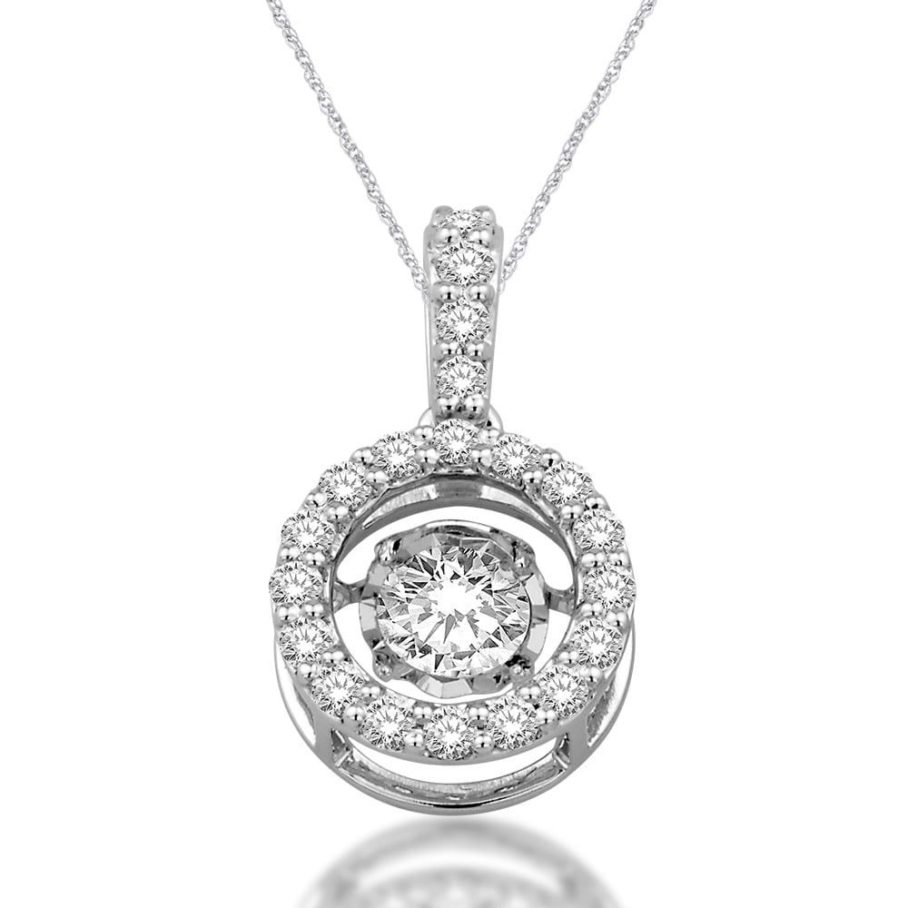 14K White Gold 2/5 Ct.Tw. Moving Diamond Pendant: 14K White Gold 2/5 Ct.Tw. Moving Diamond Pendant This Lavish Pendant Expertly Crafted In 14K White Gold And Set With Shimmering 2/5 Ct.Tw. Diamonds. The Center diamond glistens in a unique setting tha