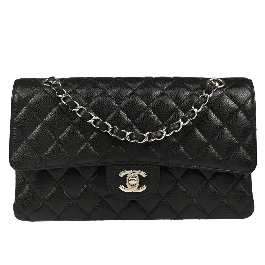 Chanel Black Caviar Medium Classic Double Flap Shoulder Bag: Chanel Black Caviar Medium Classic Double Flap Shoulder Bag This Chanel Medium Classic Double Flap Shoulder Bag features a sophisticated black caviar skin leather exterior, showcasing the iconic matel