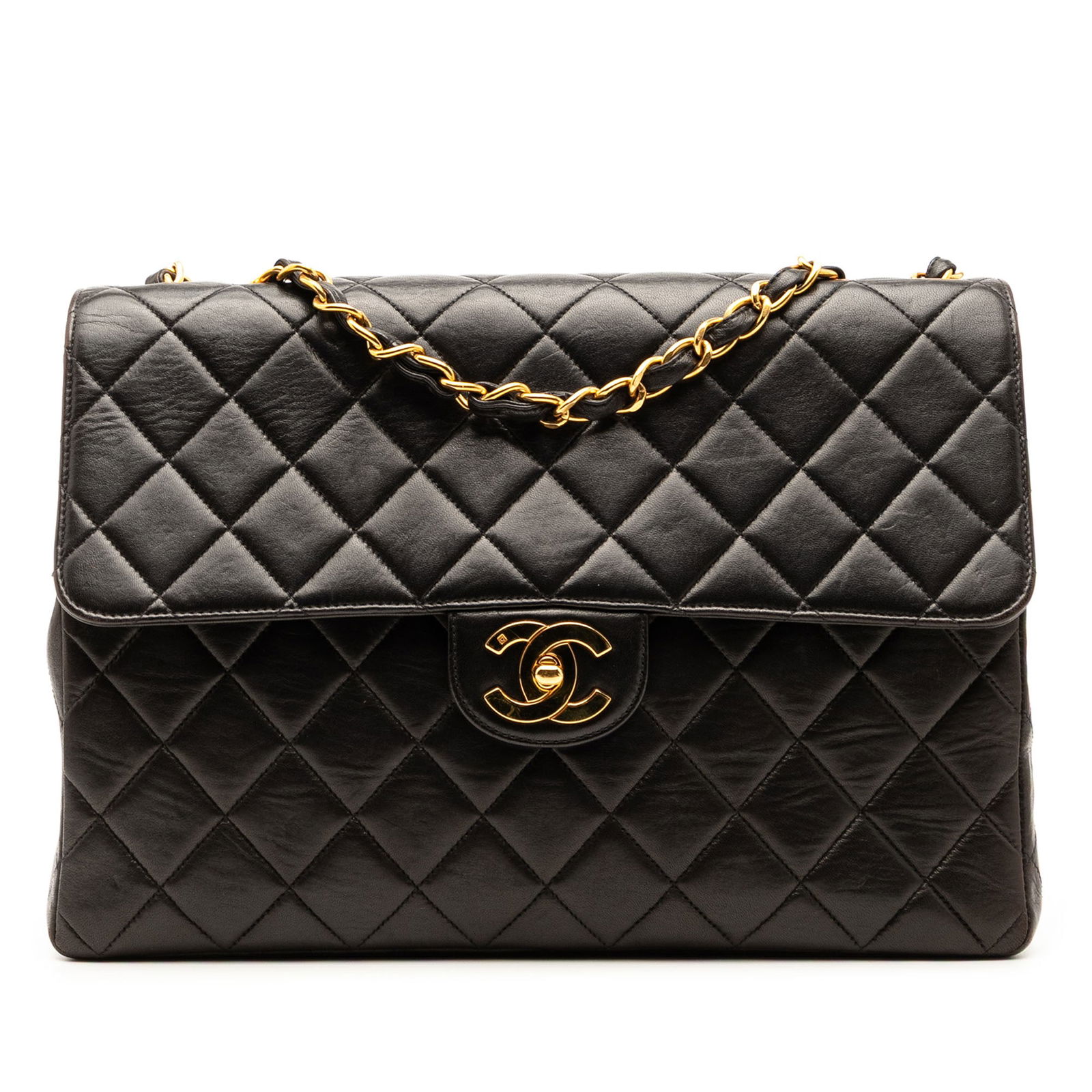 Chanel Jumbo Classic Black Lambskin Single Flap Shoulder Bag: Chanel Jumbo Classic Black Lambskin Single Flap Shoulder Bag Elevate your style with the Chanel Jumbo Classic Lambskin Single Flap shoulder bag. This exquisite piece features a luxurious quilted lambs