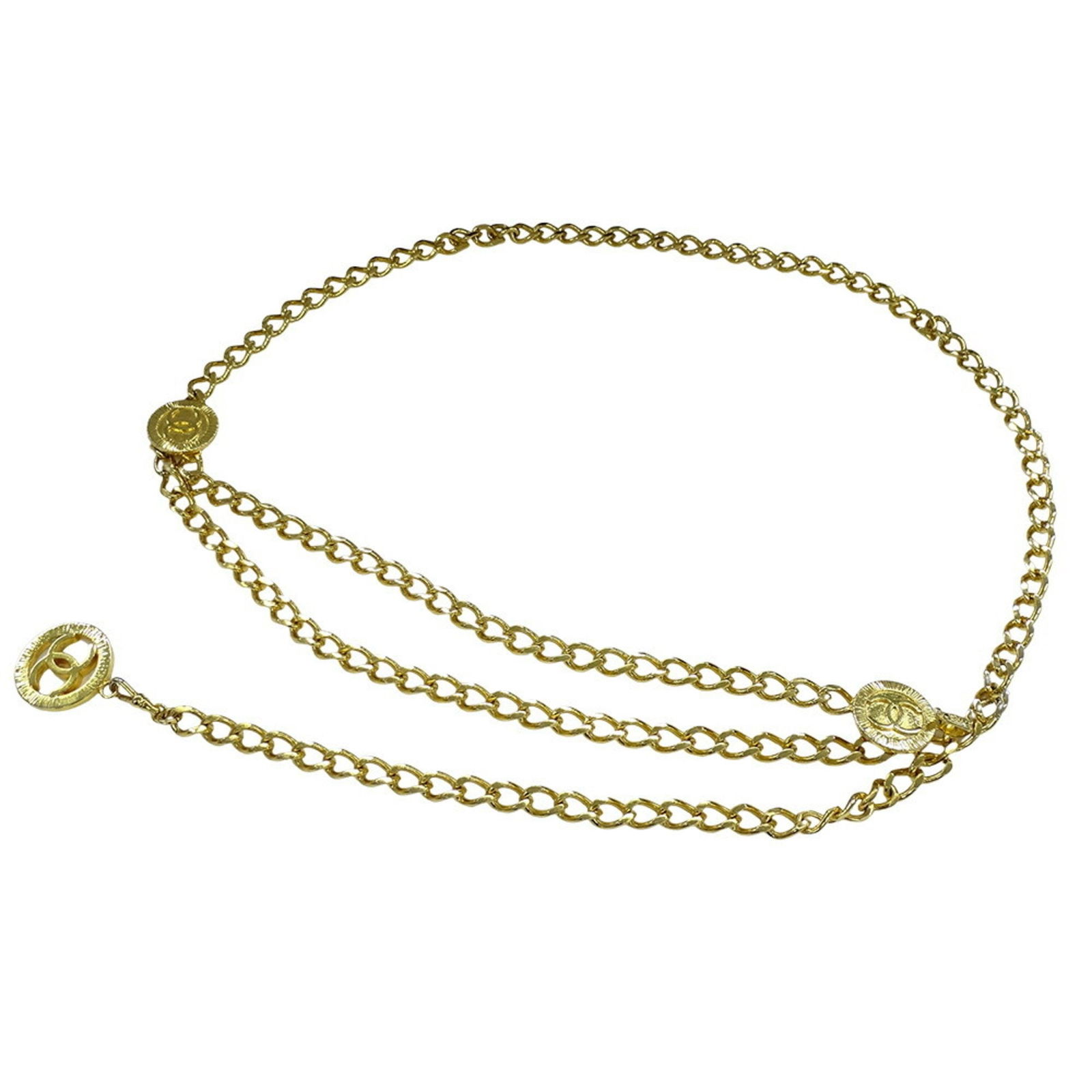 Gold Plated Chain Belt by Chanel Coco Mark 111cm: Gold Plated Chain Belt by Chanel Coco Mark 111cm This Chanel Coco Mark accessory features a gold-plated finish and measures 111 cm in length. Designed for women, the piece is crafted in France and sho