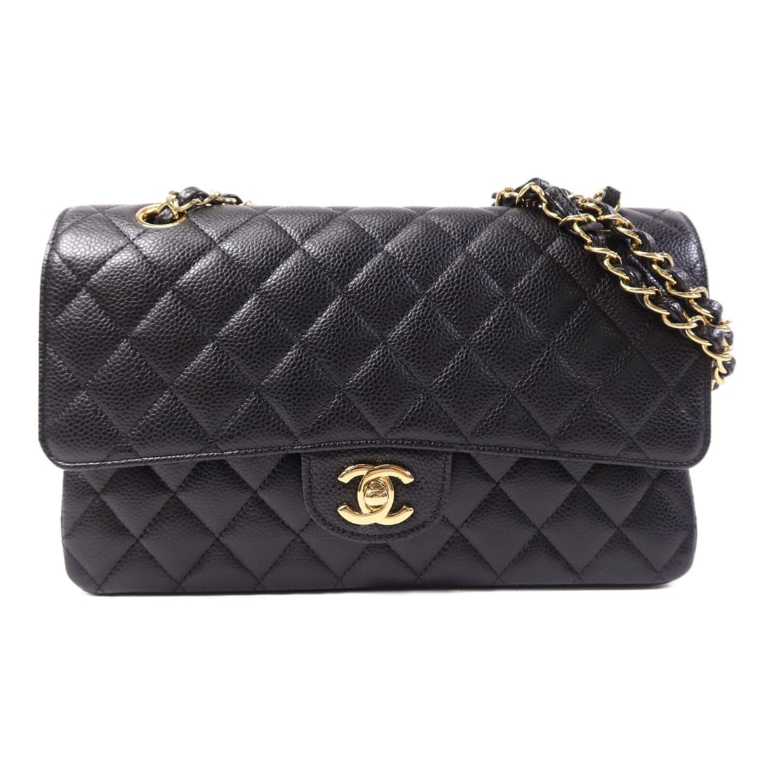 Chanel Classic 25 Black Calfskin Shoulder Bag with Gold CC Chain: Chanel Classic 25 Black Calfskin Shoulder Bag with Gold CC Chain This CHANEL CC Classic 25 chain shoulder bag is crafted from black calfskin leather and features a chic chain strap design. Made in Fra