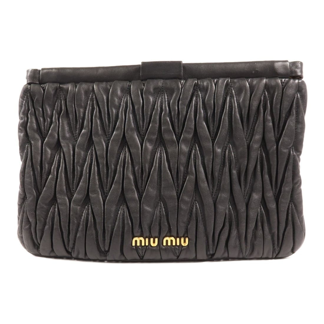 Miu Miu Black Calfskin Leather Pouch with GHW: Miu Miu Black Calfskin Leather Pouch with GHW This elegant Miu Miu pouch is crafted from premium black calfskin leather, showcasing a sleek and sophisticated design. Ideal for everyday use, it offers