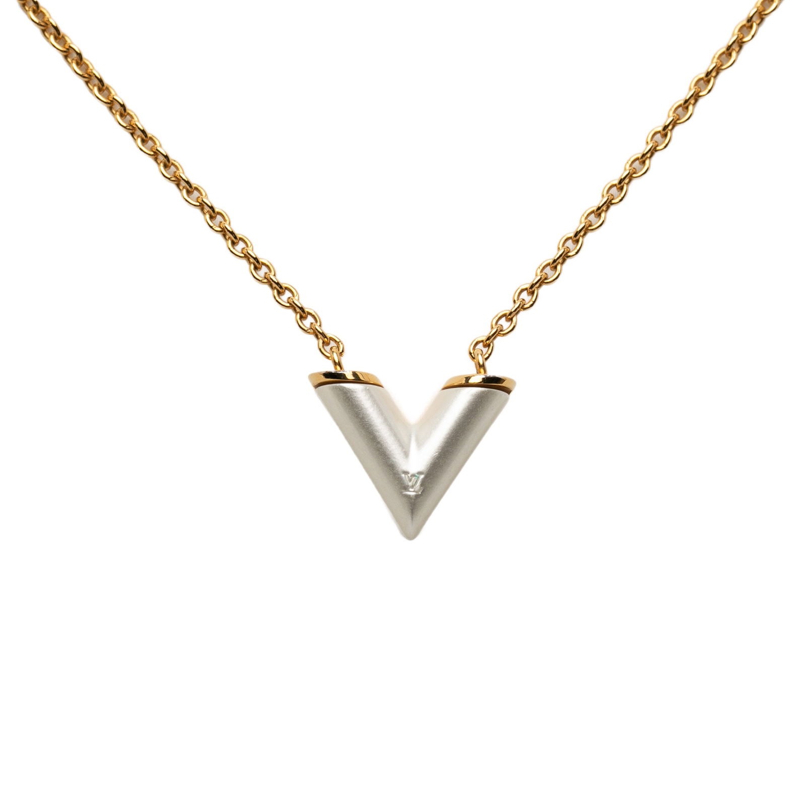 Essential V Necklace by Louis Vuitton Gold Plated With Resin Accent: Essential V Necklace by Louis Vuitton Gold Plated With Resin Accent This Louis Vuitton Essential V Necklace showcases a gold-plated metal body with a signature gold-tone V pendant accented by resin de