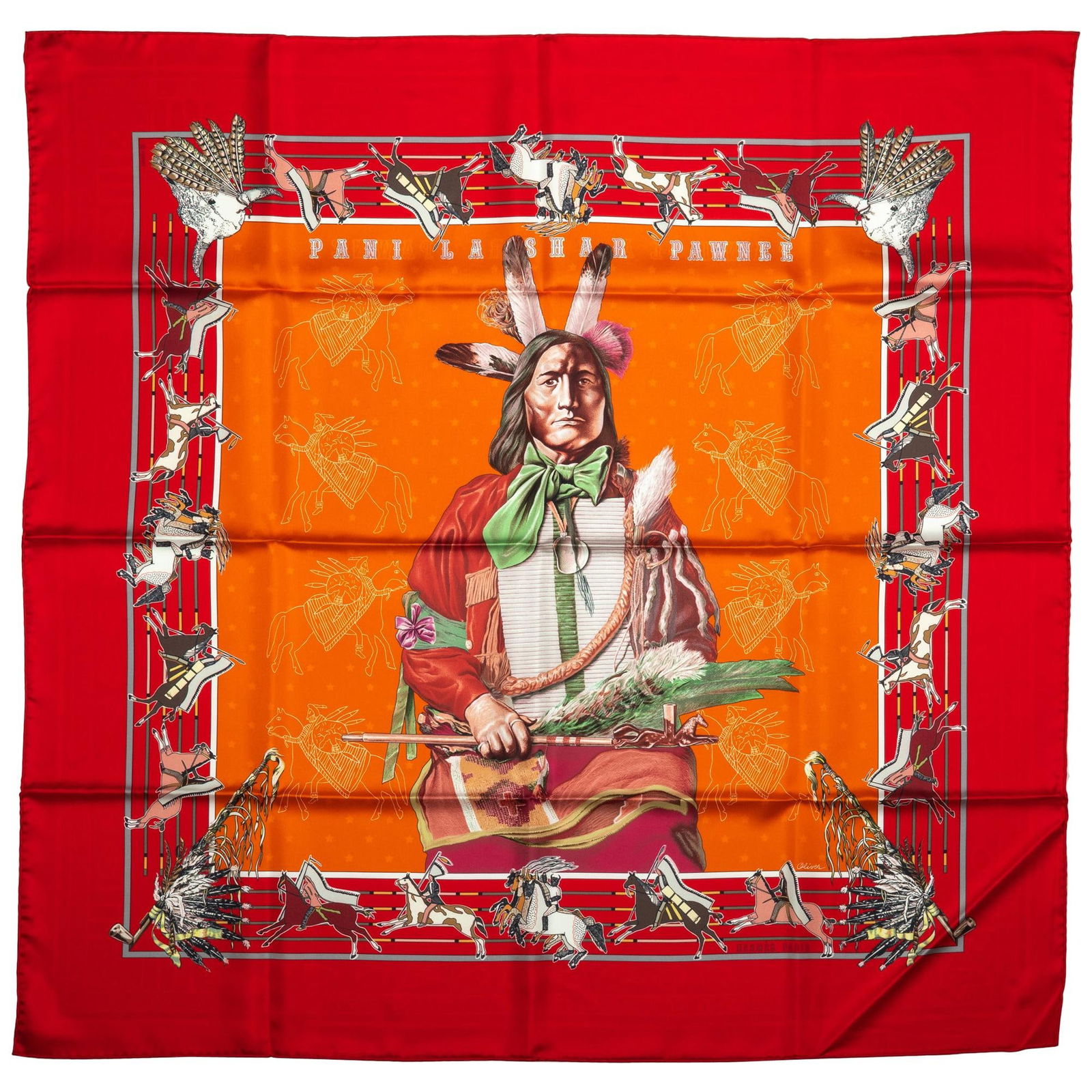 Hermes Pani La Shar Pawnee Limited Edition Scarf 35in in Box: Hermes Pani La Shar Pawnee Limited Edition Scarf 35in in Box Introducing the exquisite Hermes Pani La Shar Pawnee Scarf, a limited edition piece designed by renowned artist Kermit Oliver. Crafted from