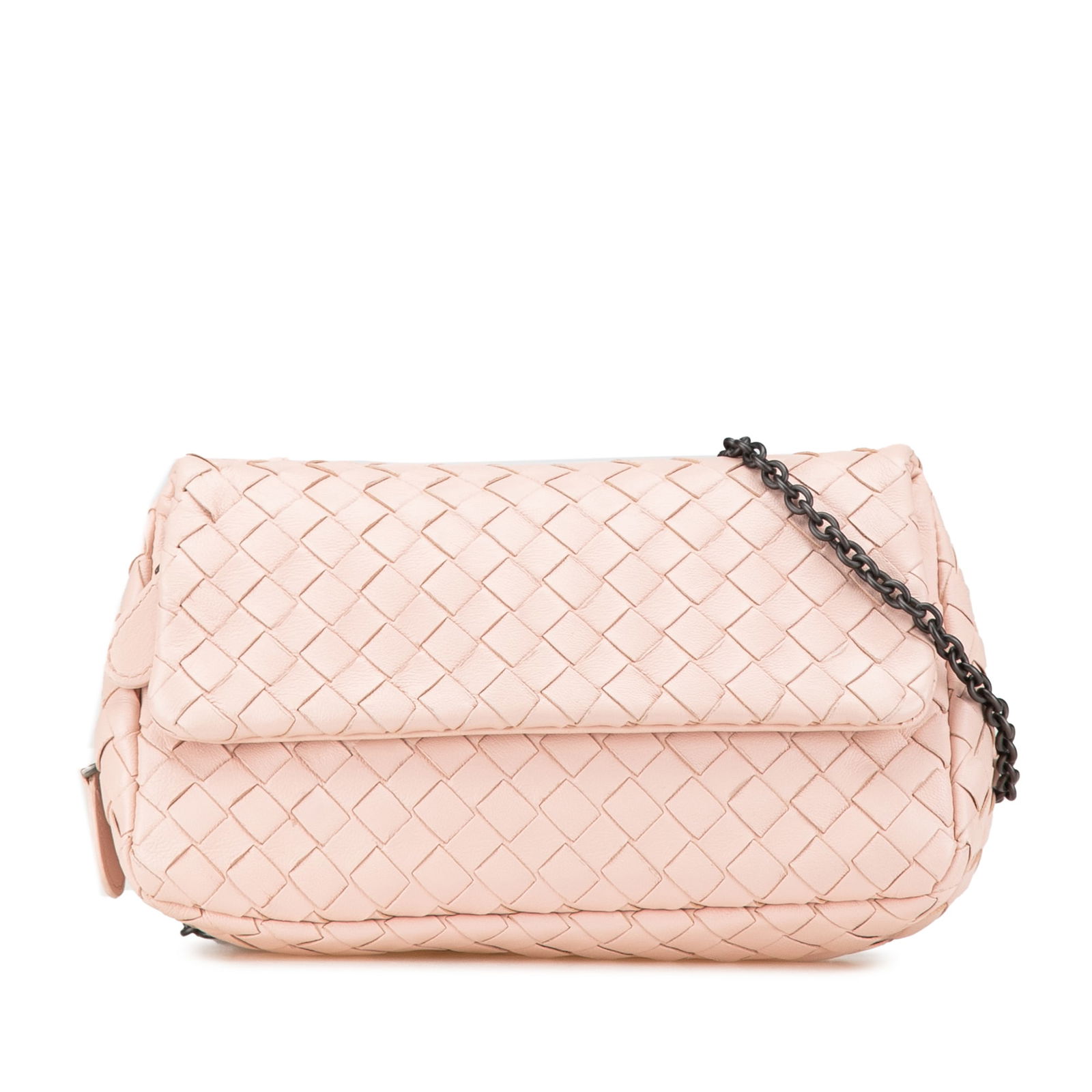 Bottega Veneta Pink Leather Intrecciato Chain Flap Crossbody Bag: Bottega Veneta Pink Leather Intrecciato Chain Flap Crossbody Bag This stunning Bottega Veneta crossbody bag showcases a beautifully woven leather body, perfect for adding a touch of elegance to any ou