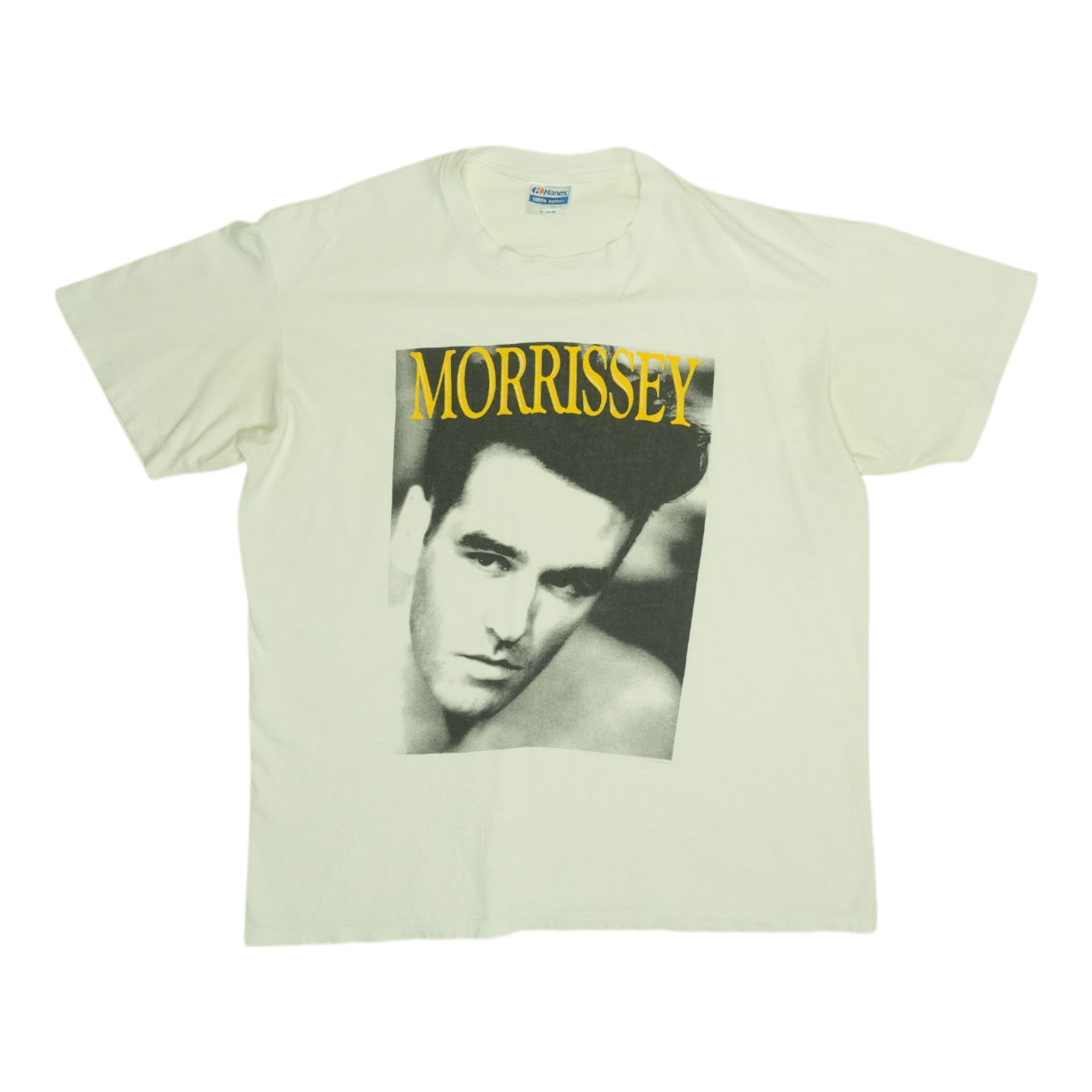 Vintage 1991 Morrissey White Cotton T-Shirt with Front and Back Graphics: Vintage 1991 Morrissey White Cotton T-Shirt with Front and Back Graphics This original vintage 1991 Morrissey shirt features both front and back graphics, offering a classic piece for fans and collect