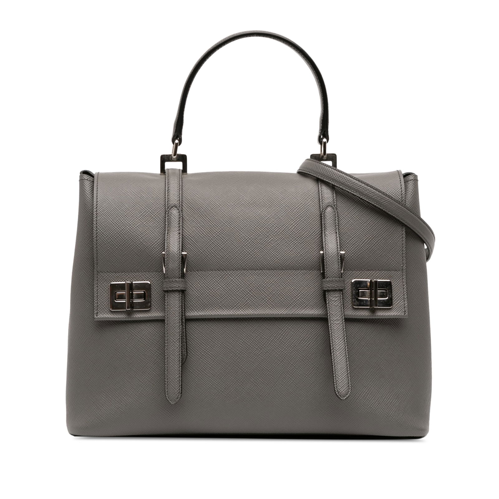 Prada Saffiano Cuir Double Turnlock Leather Satchel Handbag Gray: Prada Saffiano Cuir Double Turnlock Leather Satchel Handbag Gray This Prada Saffiano Cuir Double Turnlock Satchel is crafted from saffiano leather in gray and features a flat top handle, a front flap