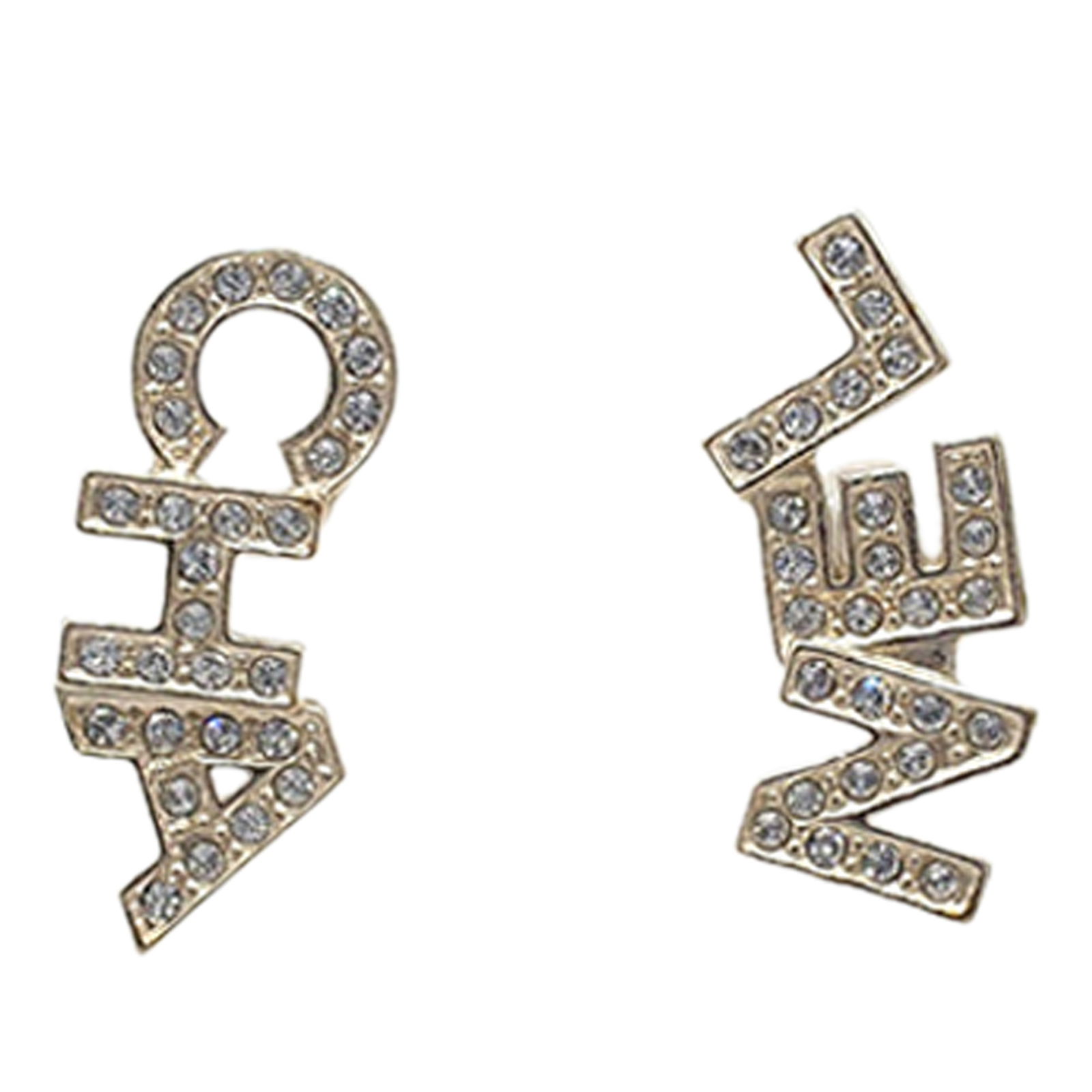 Chanel Gold Plated Crystal CC Logo Metal Earrings with Push Backs: Chanel Gold Plated Crystal CC Logo Metal Earrings with Push Backs These Chanel earrings showcase a gold-plated metal body adorned with crystal embellishments and feature push-back closures. Made in Fr