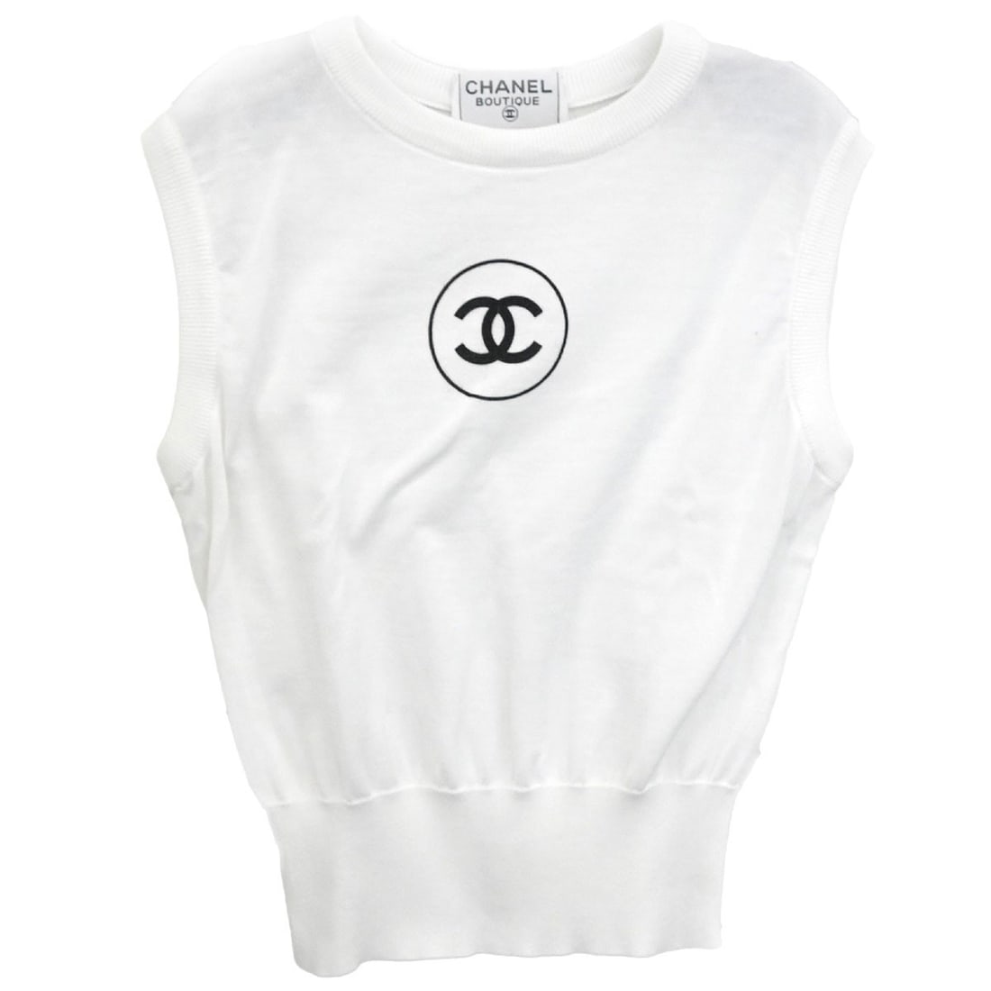 CHANEL White Sleeveless Tank Top Size 38 Casual Style: CHANEL White Sleeveless Tank Top Size 38 Casual Style Elevate your casual wardrobe with this elegant Chanel Sleeveless Tank Top in pristine white. Designed with a classic round neckline and a regular