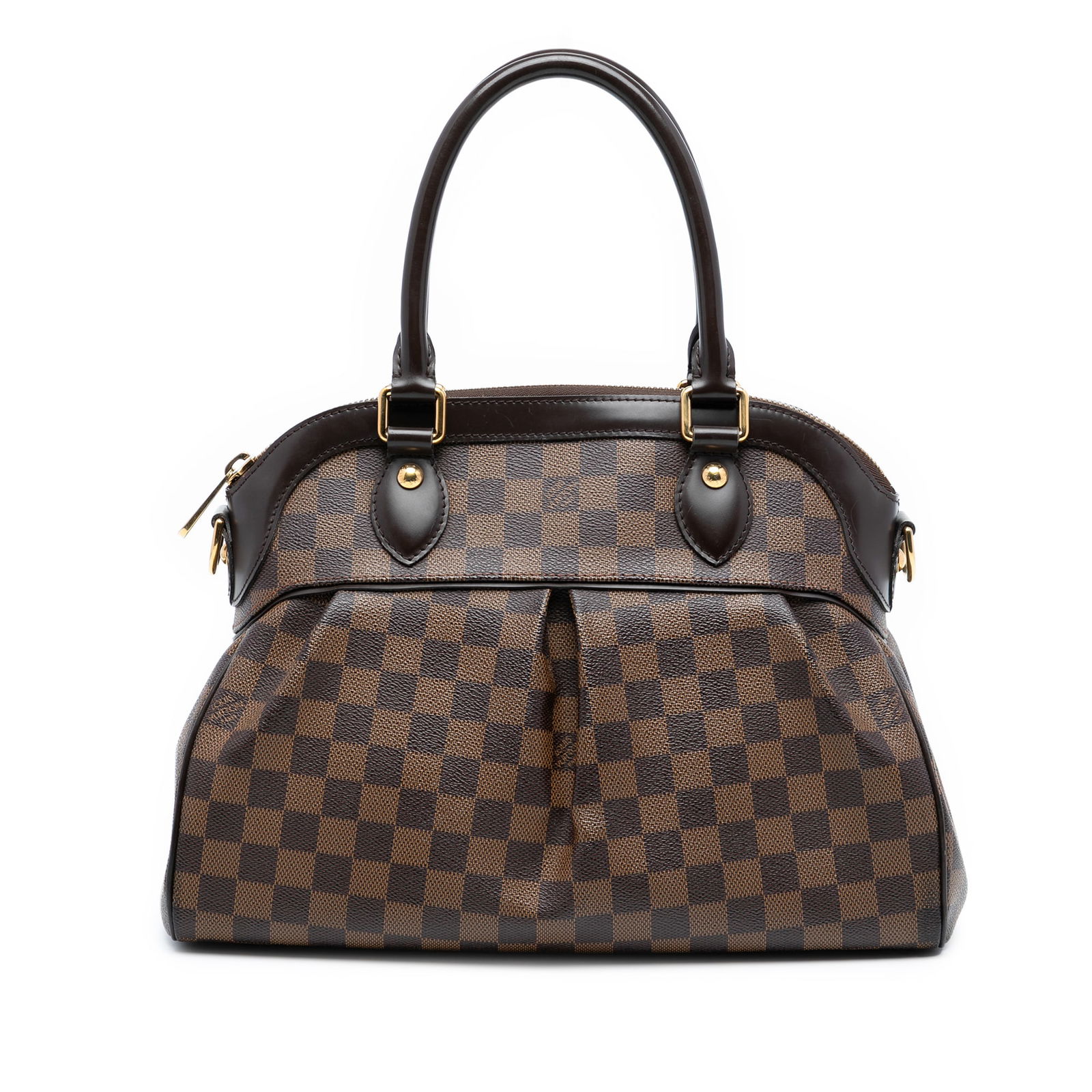 Louis Vuitton Trevi PM Damier Ebene Canvas Brown Shoulder Bag: Louis Vuitton Trevi PM Damier Ebene Canvas Brown Shoulder Bag This Louis Vuitton Damier Ebene Trevi PM features a signature Damier Ebene canvas body with leather trim, rolled leather handles, a top zi