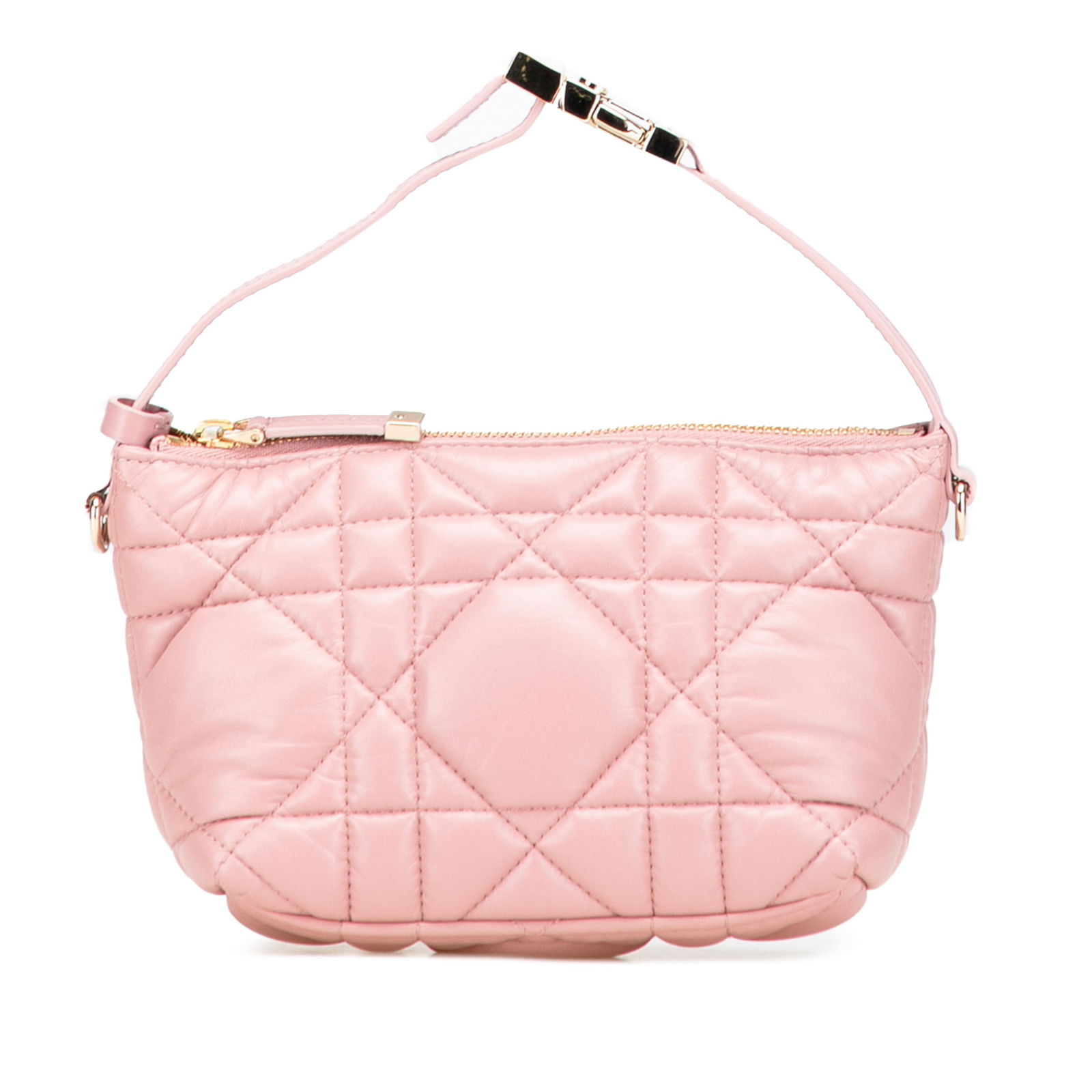 Dior Small Calfskin Macrocannage Nomad Pouch Pink Leather Bag: Dior Small Calfskin Macrocannage Nomad Pouch Pink Leather Bag This Small Calfskin Macrocannage Diortravel Nomad Pouch showcases a sophisticated design with a quilted calfskin body. It features a flat