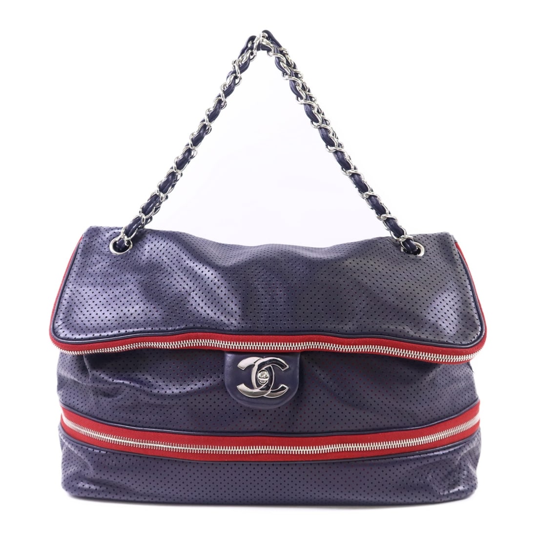 Blue Lambskin CHANEL Shoulder Bag with Silver Tone Chain CC Logo: Blue Lambskin CHANEL Shoulder Bag with Silver Tone Chain CC Logo This CHANEL shoulder bag is crafted from luxurious blue lambskin leather and features silver-tone chain hardware. Made in France, the b