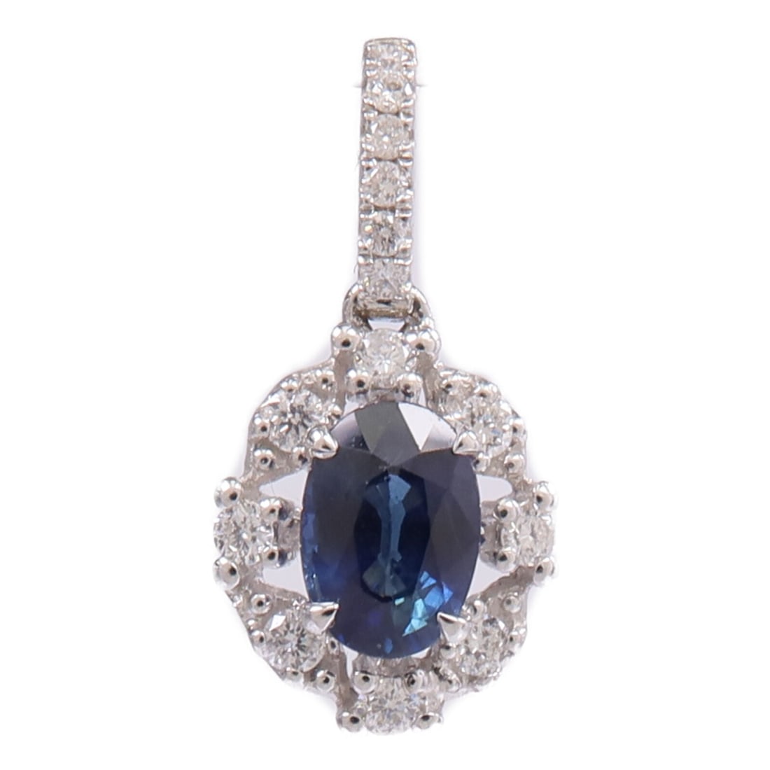 Sapphire and Diamond Pendant in 18K White Gold: Sapphire and Diamond Pendant in 18K White Gold This pendant top features a striking blue sapphire as the main stone, set in 18K white gold. The pendant is designed in a classic style and displays reas