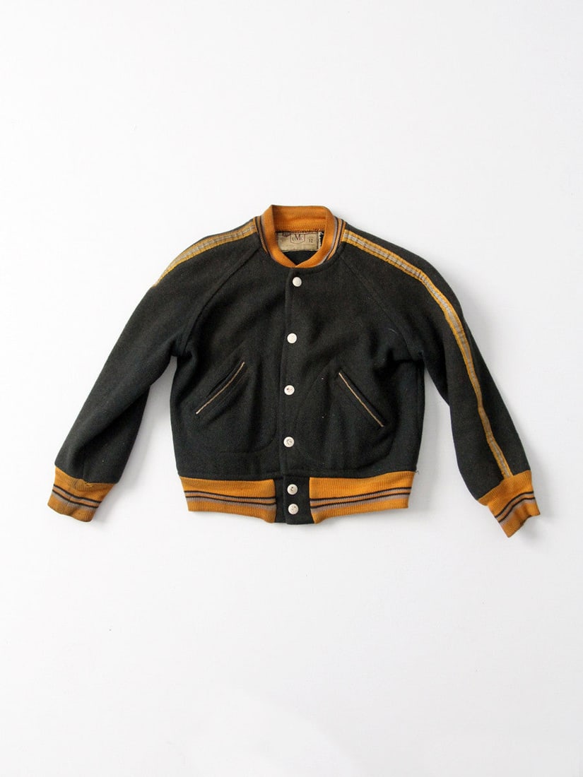 1950s UMC Wool Baseball Jacket Vintage Green with Gold Accents: 1950s UMC Wool Baseball Jacket Vintage Green with Gold Accents Step back in time with this authentic 1950s UMC wool baseball jacket. Crafted from forest green wool, this vintage piece showcases gold r