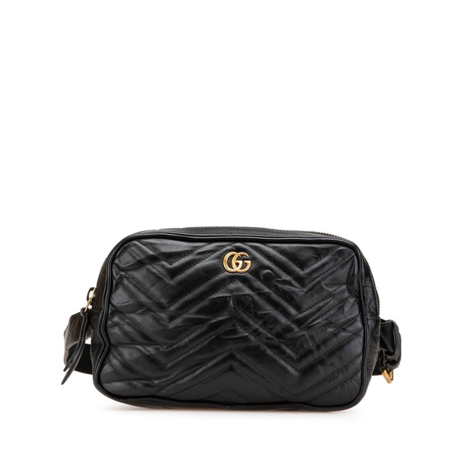 Black Leather GG Marmont Shoulder Bag by Gucci Italy: Black Leather GG Marmont Shoulder Bag by Gucci Italy This Gucci GG Marmont handbag features a black leather exterior with a structured silhouette and a strap measuring 85 cm in length. Made in Italy,
