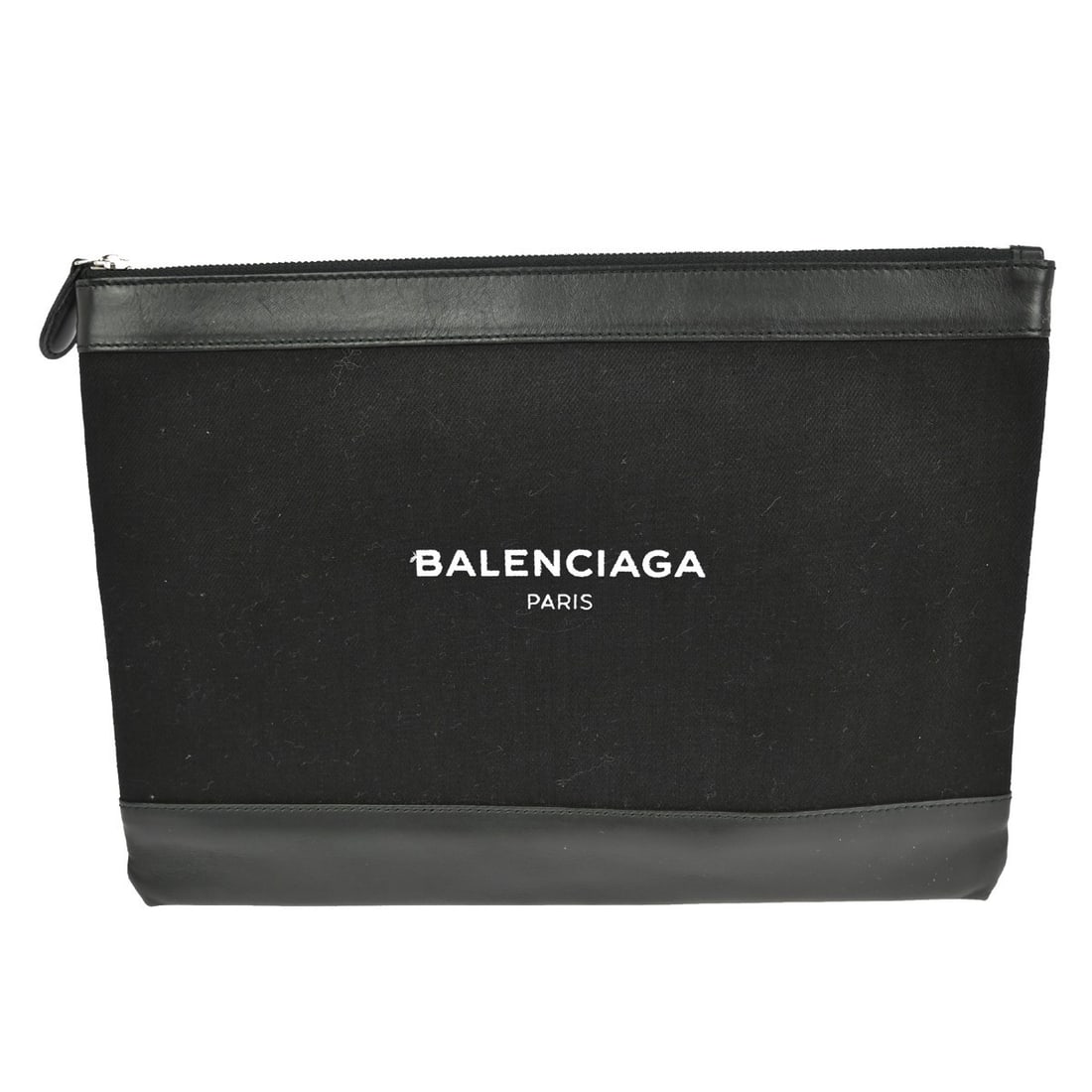 Balenciaga Clip Clutch Black Canvas Leather Small Navy Logo Accent Bag: Balenciaga Clip Clutch Black Canvas Leather Small Navy Logo Accent Bag This Balenciaga Black Navy Clip clutch bag features a stylish combination of canvas and leather materials with a prominent logo a